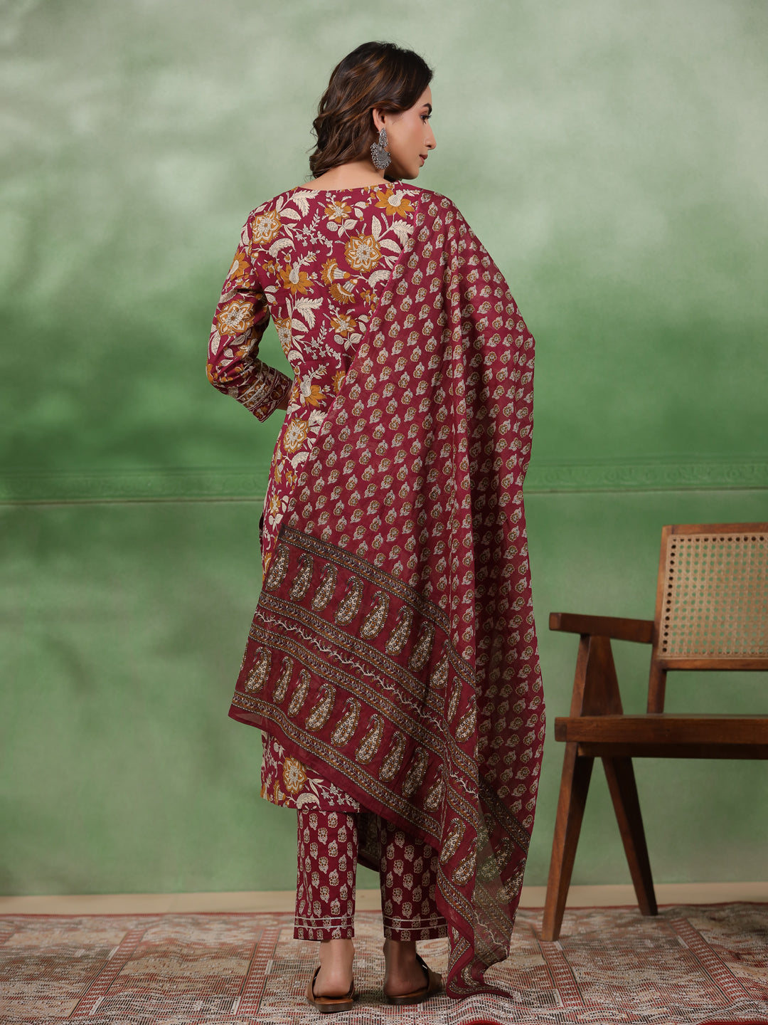 Women set of Pure Cotton 3 pcs Maroon Colour Straight Printed Kurta Sets - SanskrutiHomes