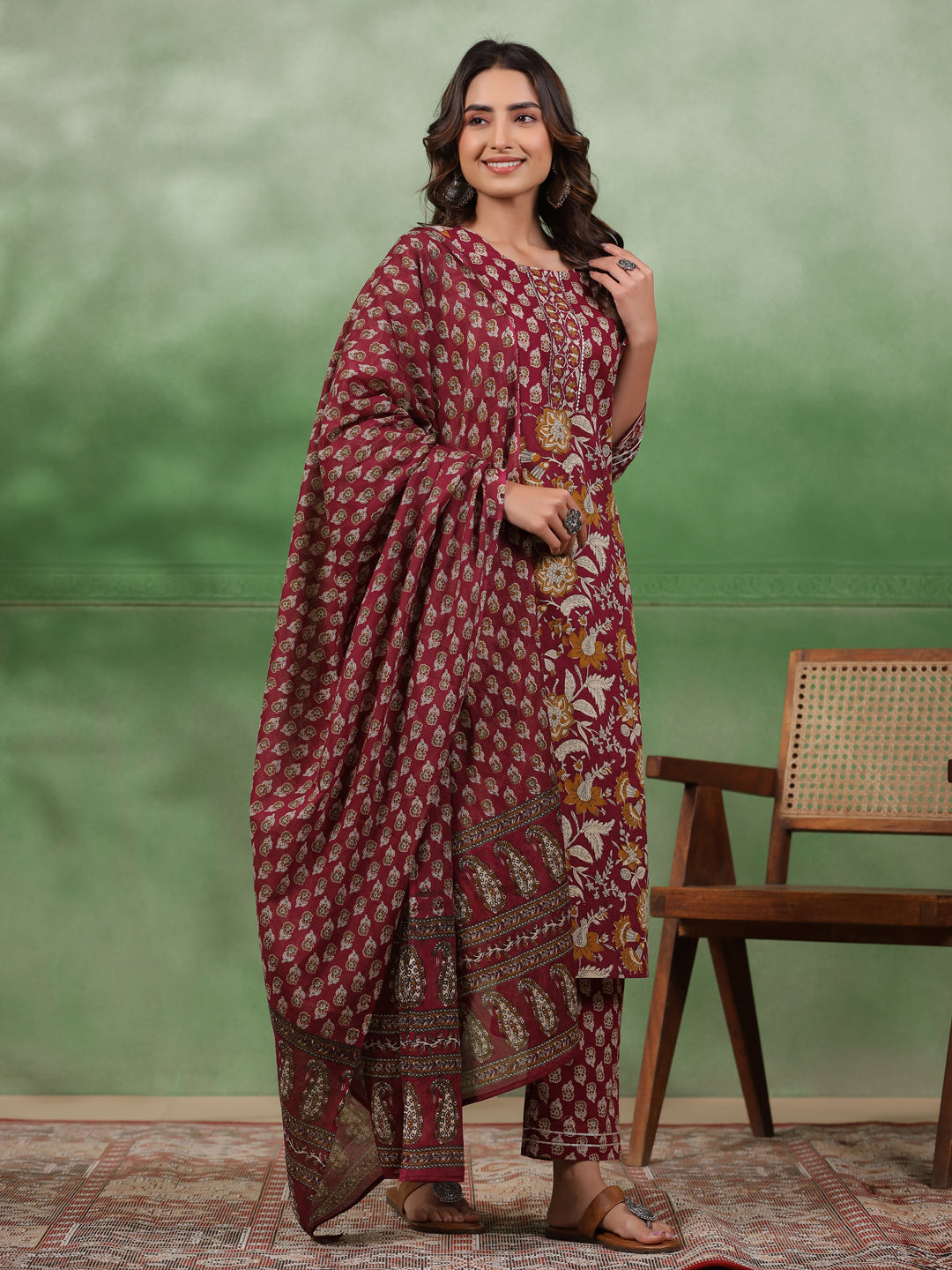 Women set of Pure Cotton 3 pcs Maroon Colour Straight Printed Kurta Sets