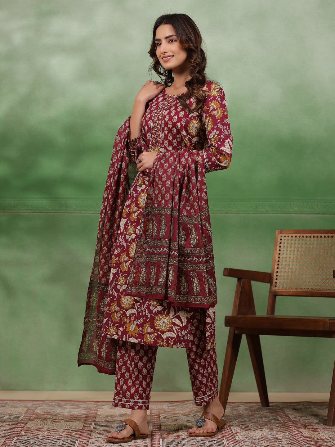 Women set of Pure Cotton 3 pcs Maroon Colour Straight Printed Kurta Sets