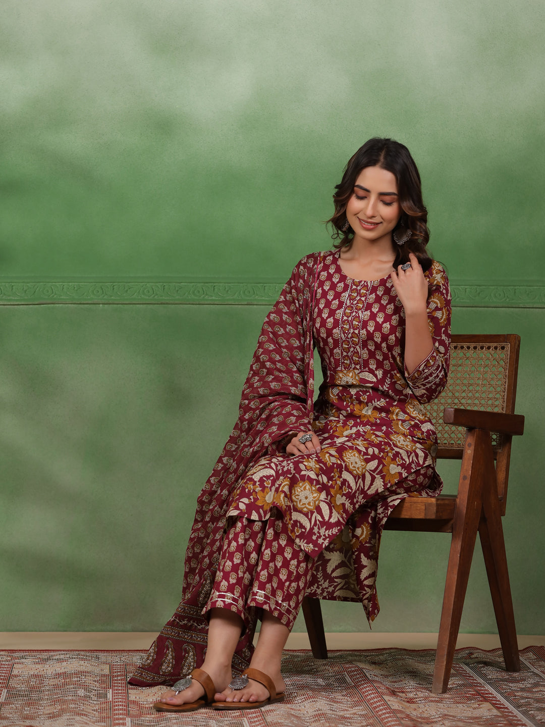 Women set of Pure Cotton 3 pcs Maroon Colour Straight Printed Kurta Sets