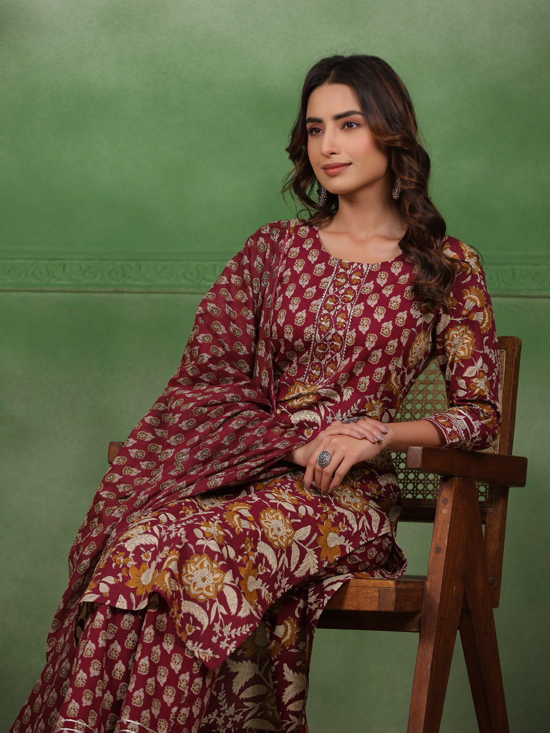 Women set of Pure Cotton 3 pcs Maroon Colour Straight Printed Kurta Sets - SanskrutiHomes