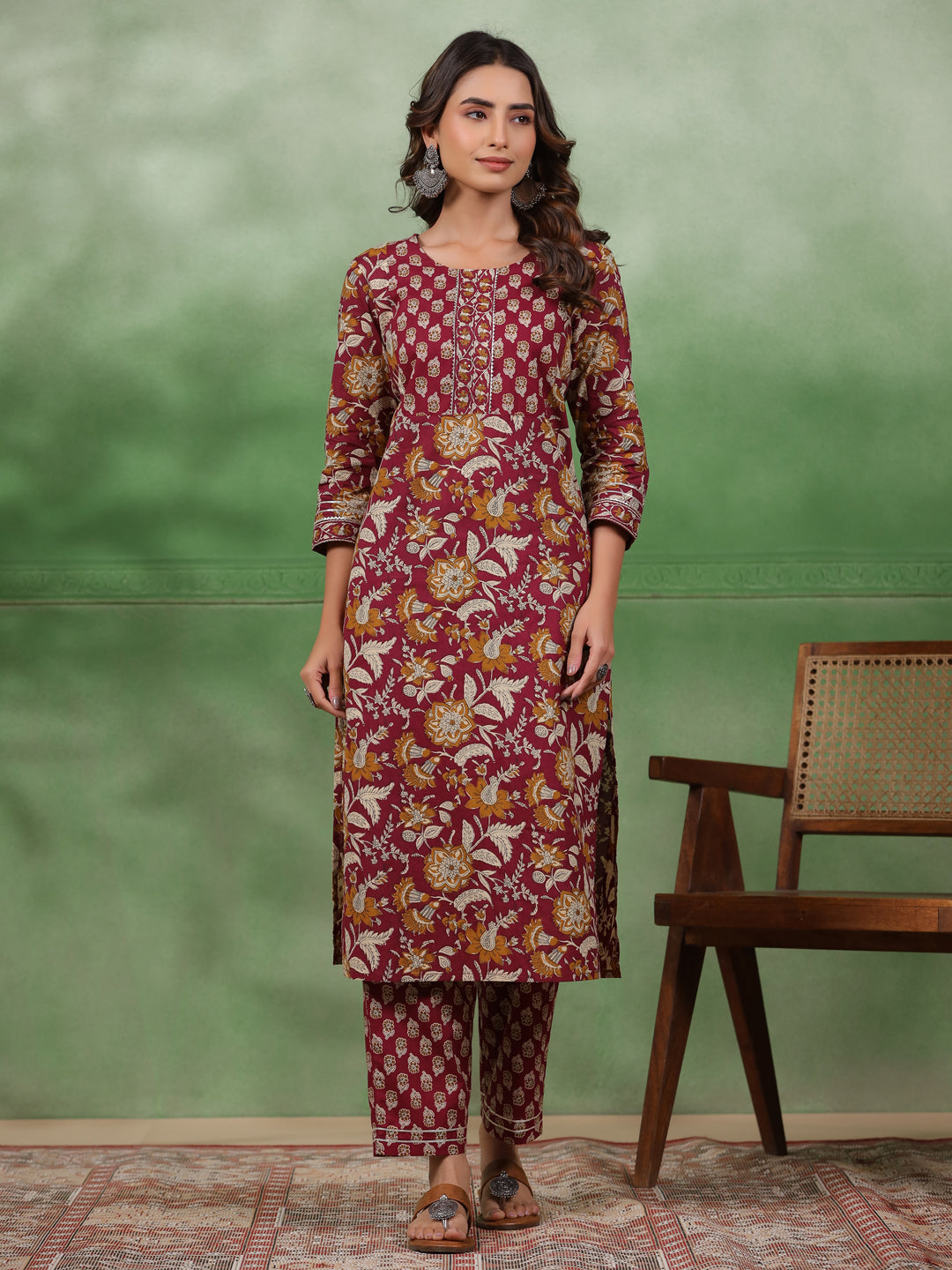 Women set of Pure Cotton 3 pcs Maroon Colour Straight Printed Kurta Sets - SanskrutiHomes