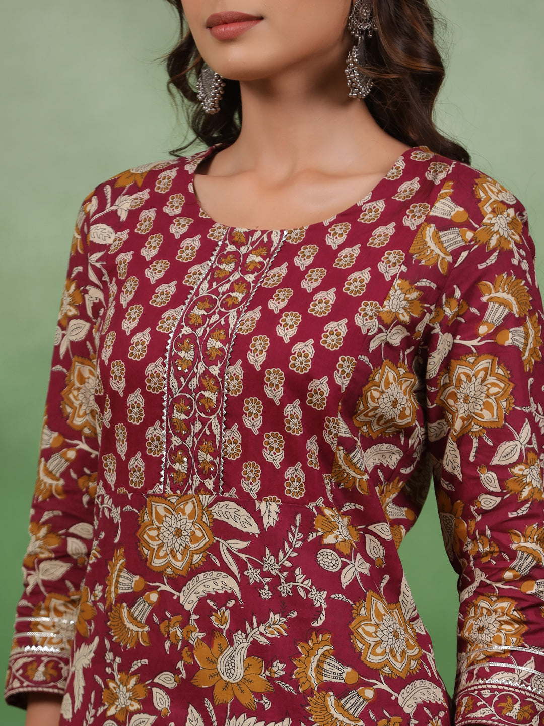 Women set of Pure Cotton 3 pcs Maroon Colour Straight Printed Kurta Sets