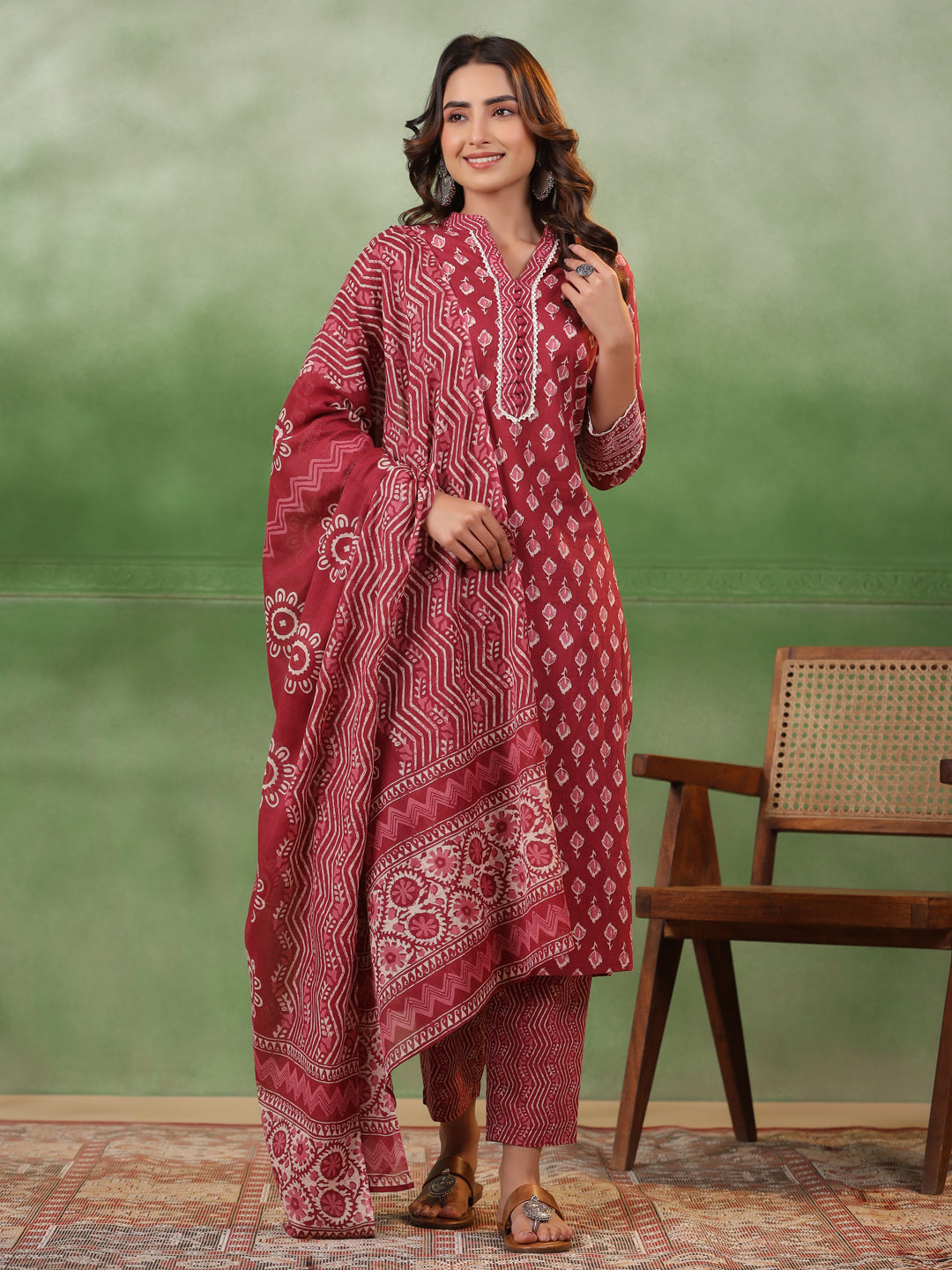 Red Floral Printed Kurta Set With Dupatta
