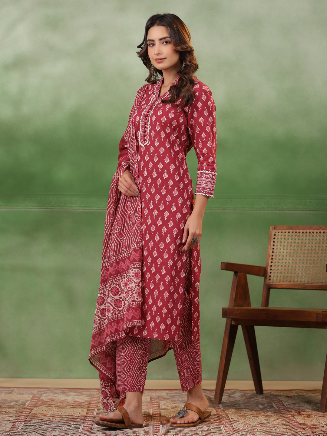 Red Floral Printed Kurta Set With Dupatta