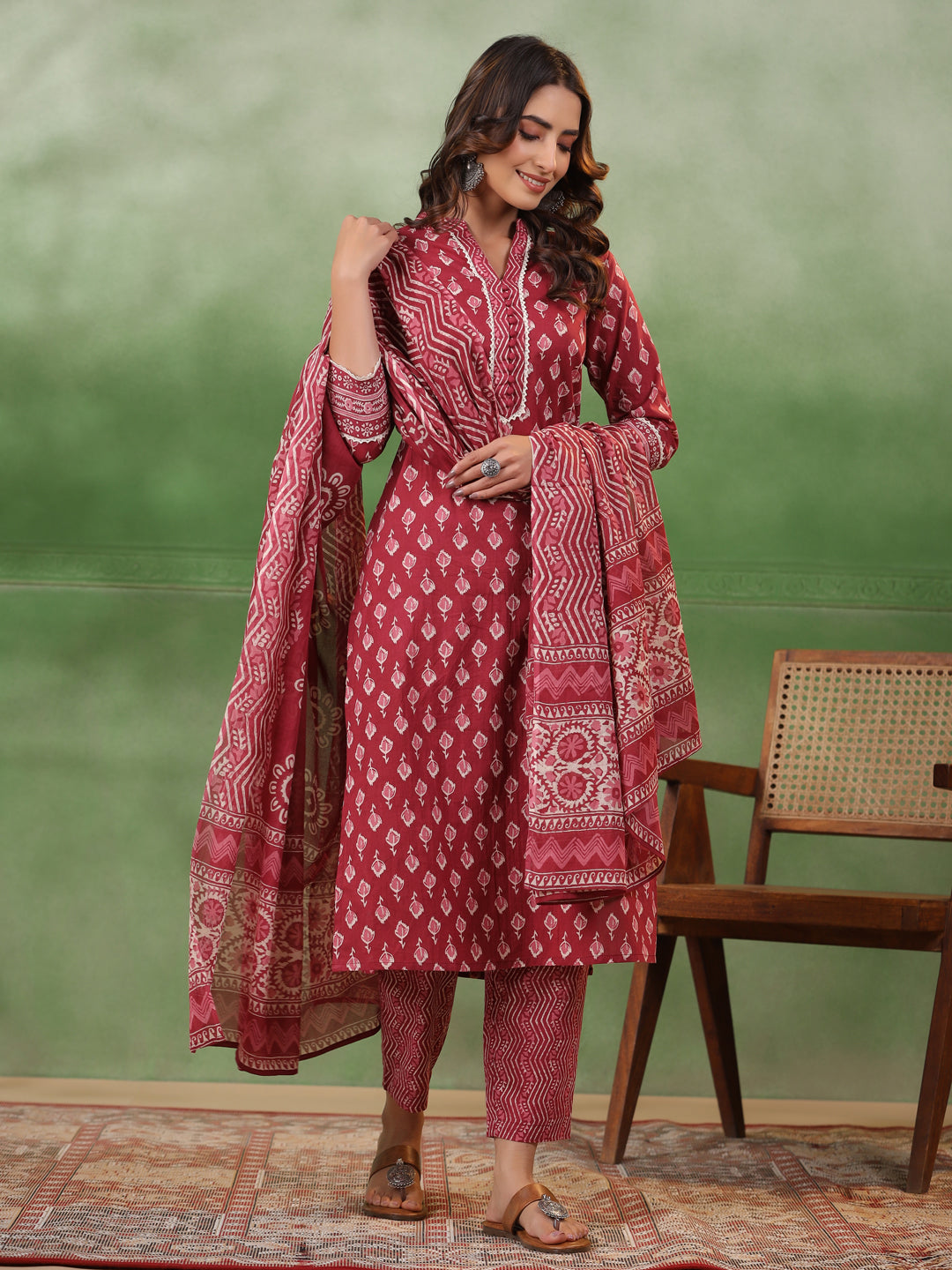 Red Floral Printed Kurta Set With Dupatta