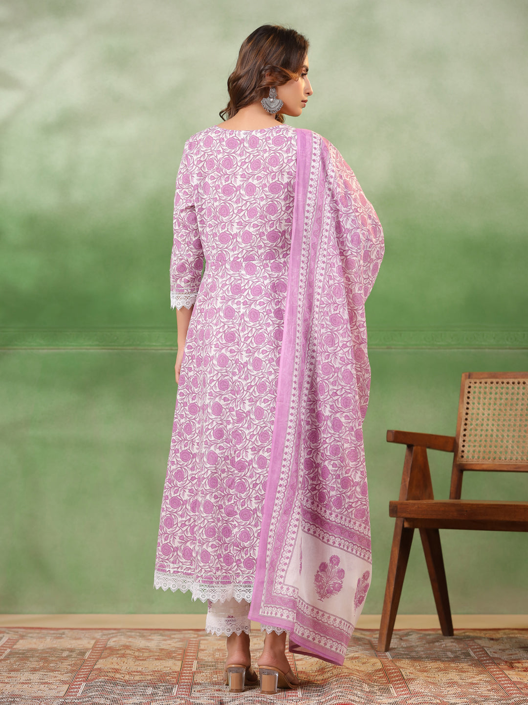 Purple Floral Printed Kurta Set with Dupatta