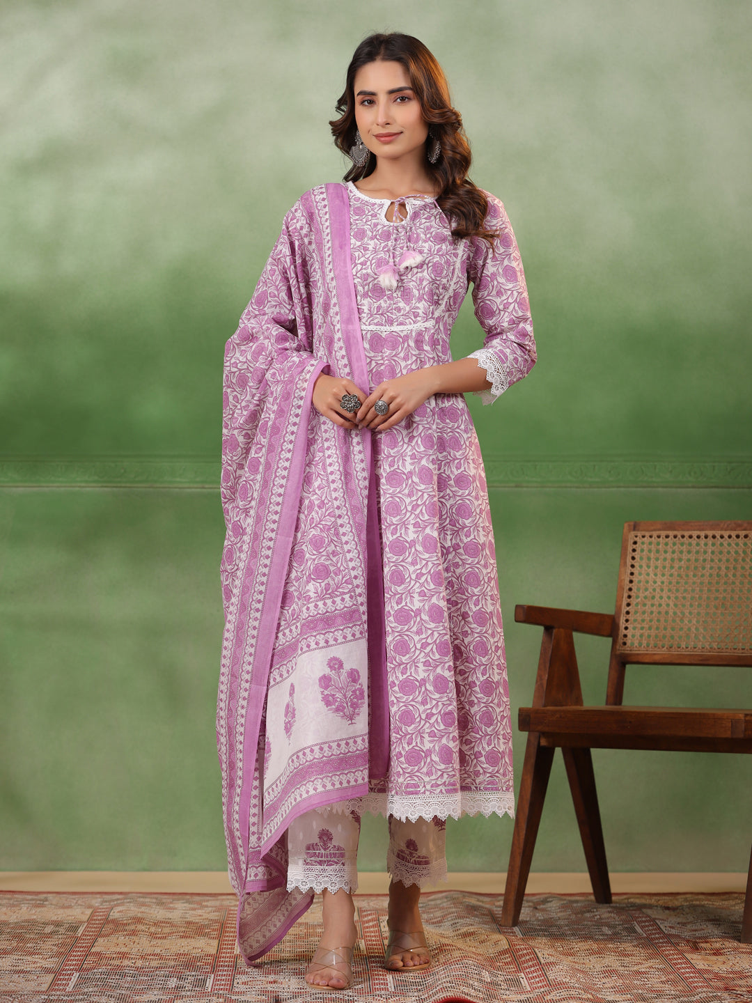 Purple Floral Printed Kurta Set with Dupatta