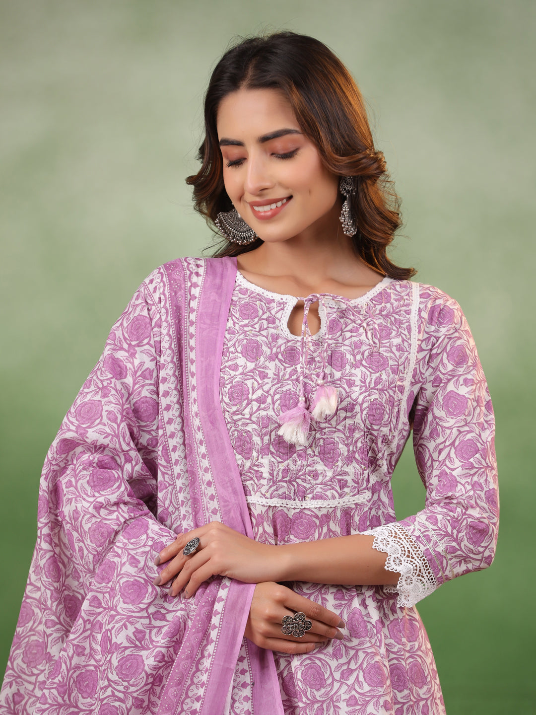 Purple Floral Printed Kurta Set with Dupatta - SanskrutiHomes