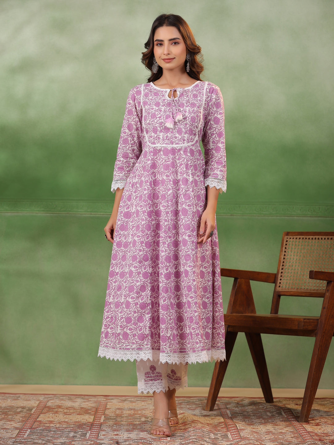 Purple Floral Printed Kurta Set with Dupatta - SanskrutiHomes