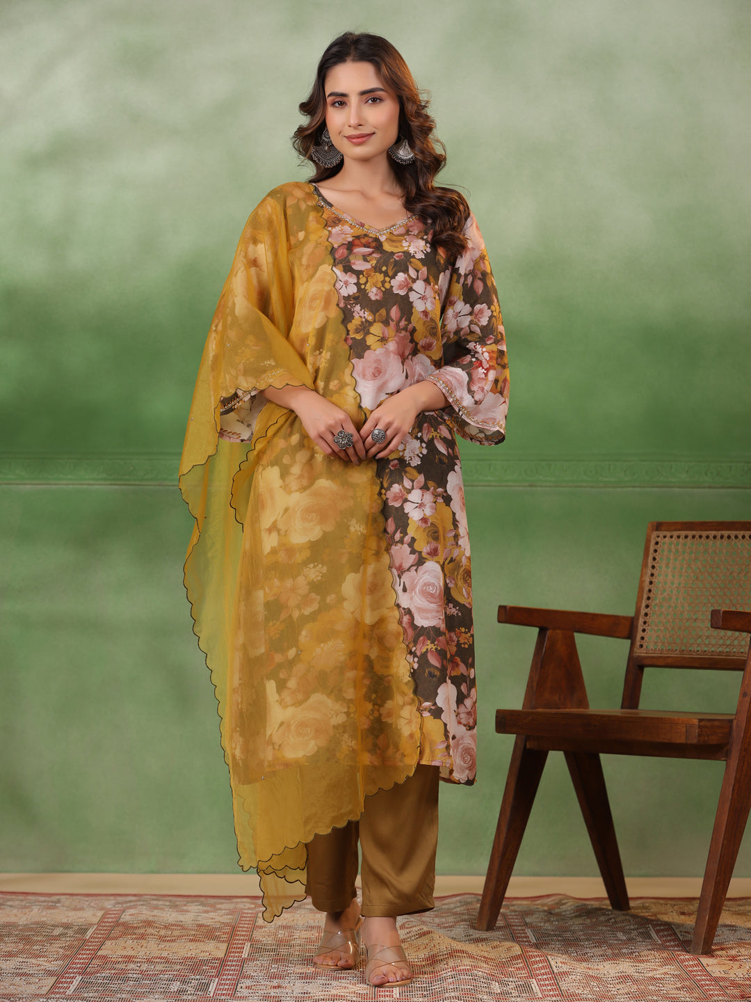 Olive V-Neck Silk Blend Kurta Set for Women
