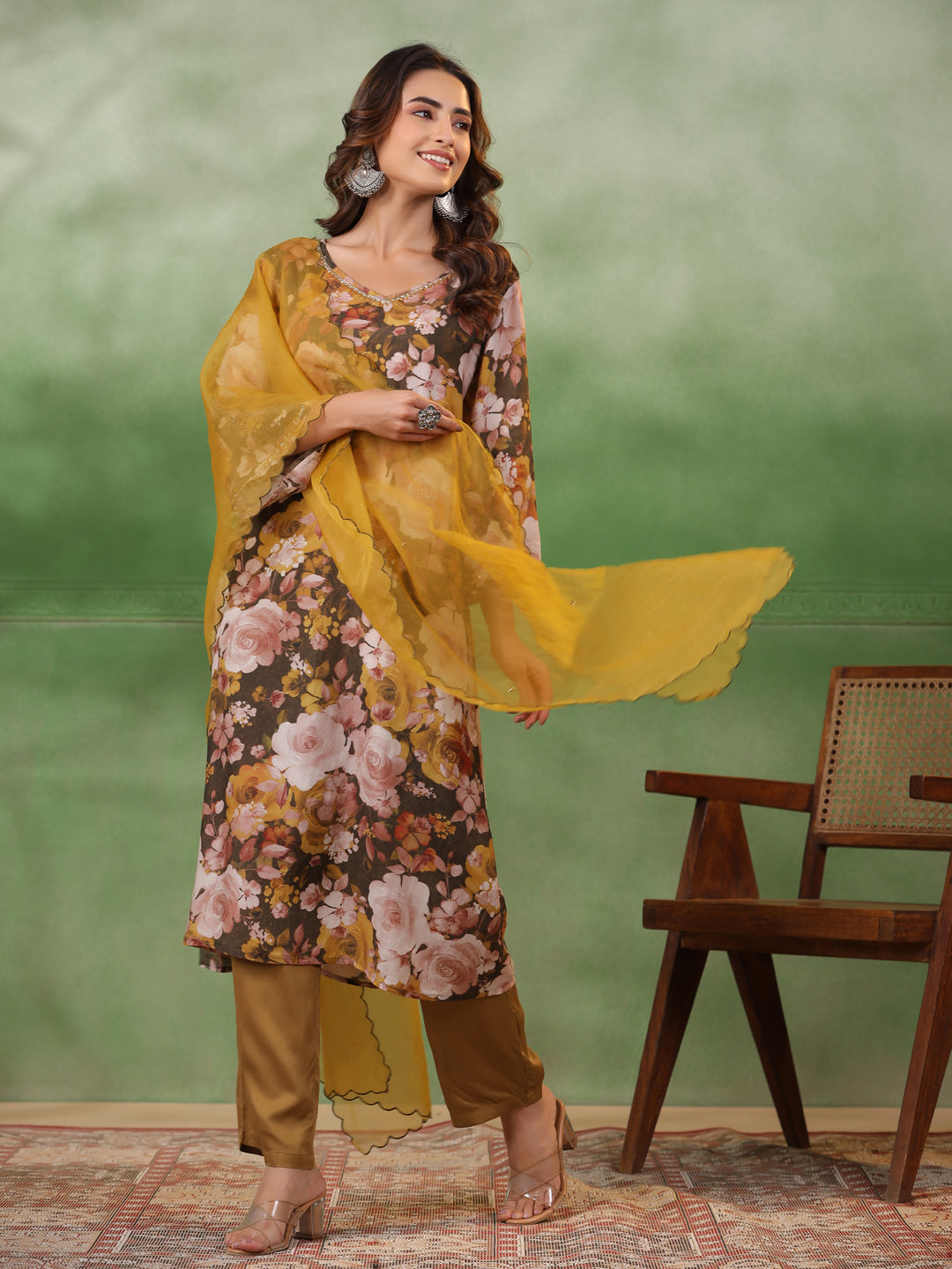 Olive V-Neck Silk Blend Kurta Set for Women