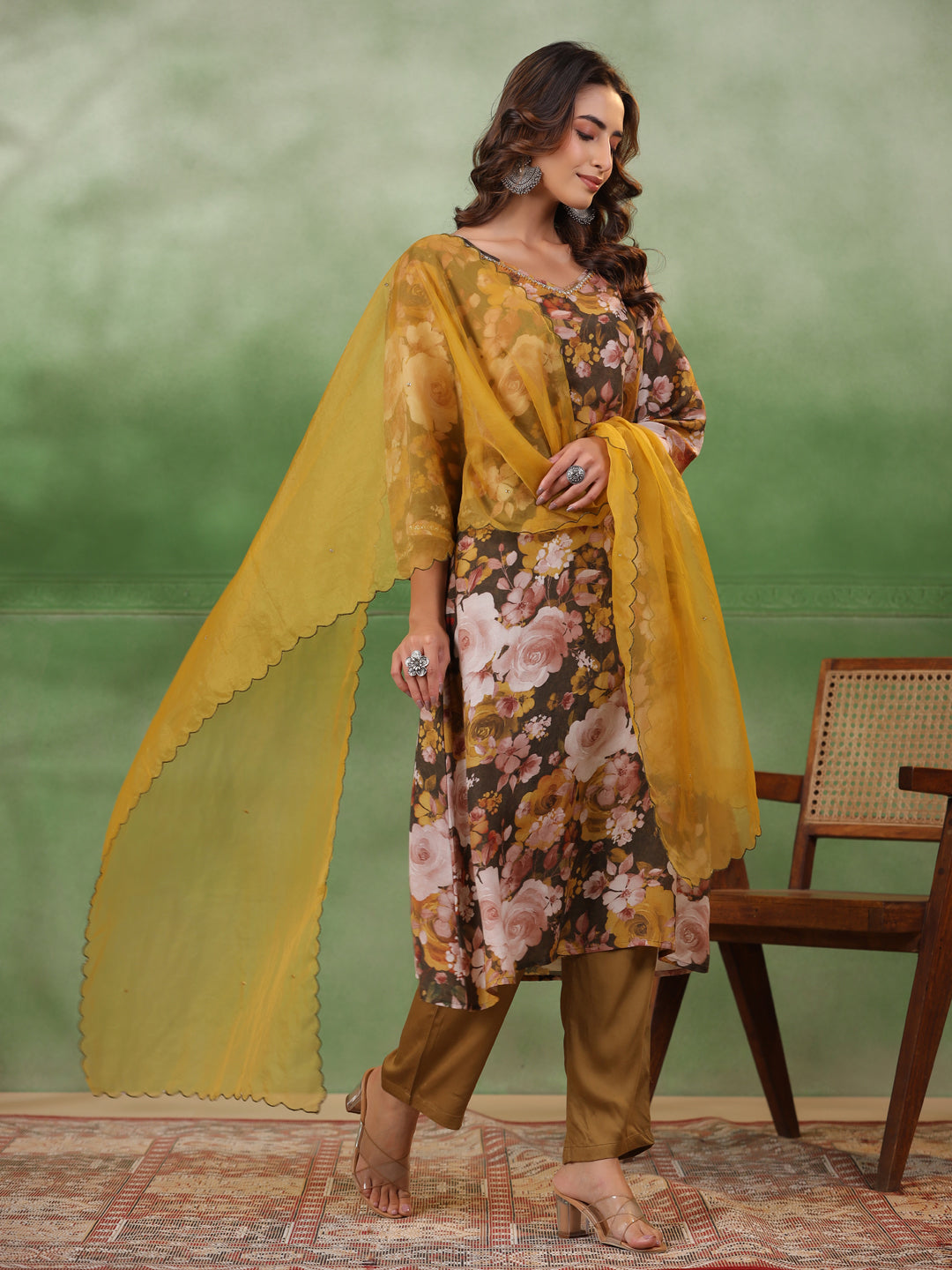 Olive V-Neck Silk Blend Kurta Set for Women