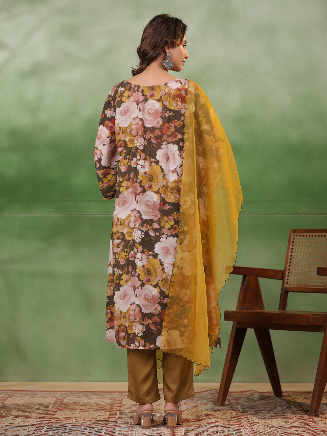 Olive V-Neck Silk Blend Kurta Set for Women