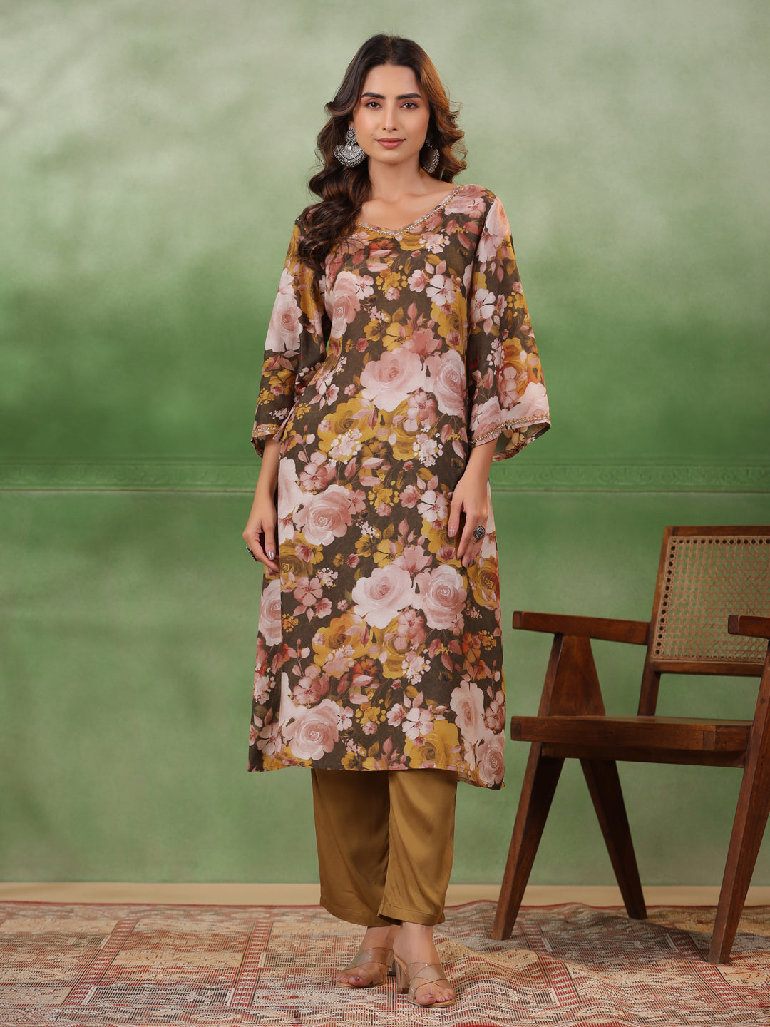Olive V-Neck Silk Blend Kurta Set for Women