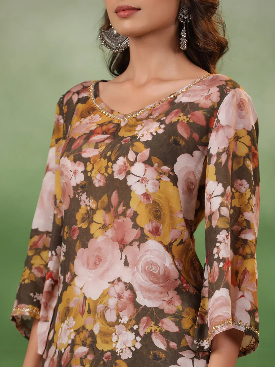 Olive V-Neck Silk Blend Kurta Set for Women - SanskrutiHomes