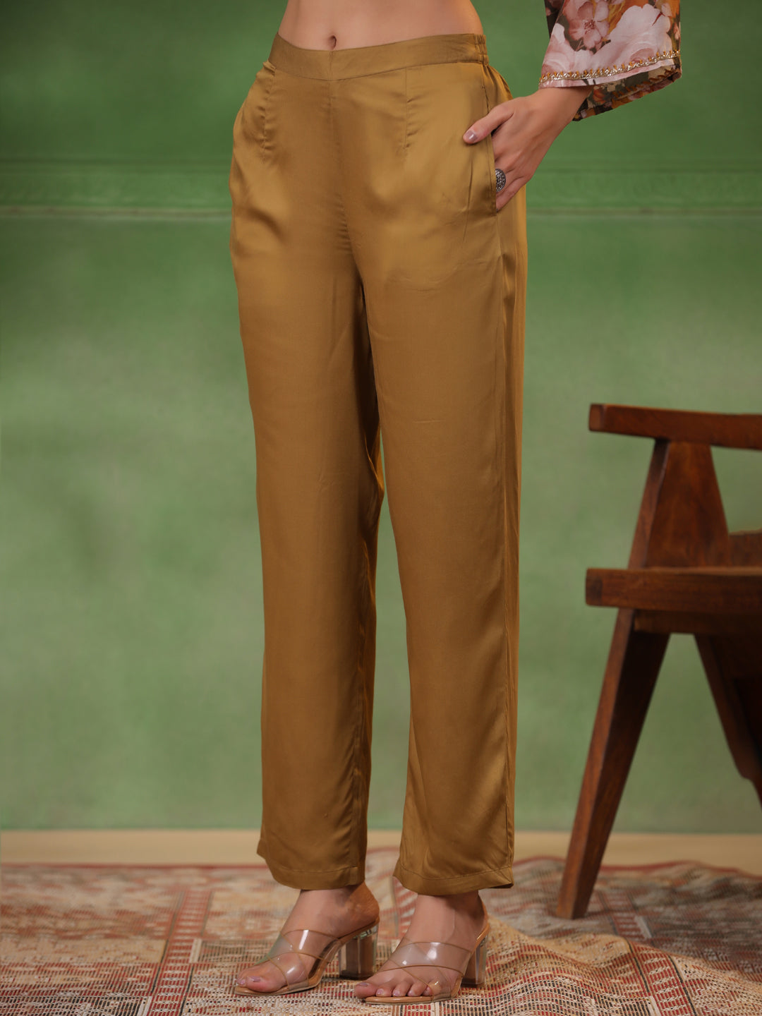 Olive V-Neck Silk Blend Kurta Set for Women