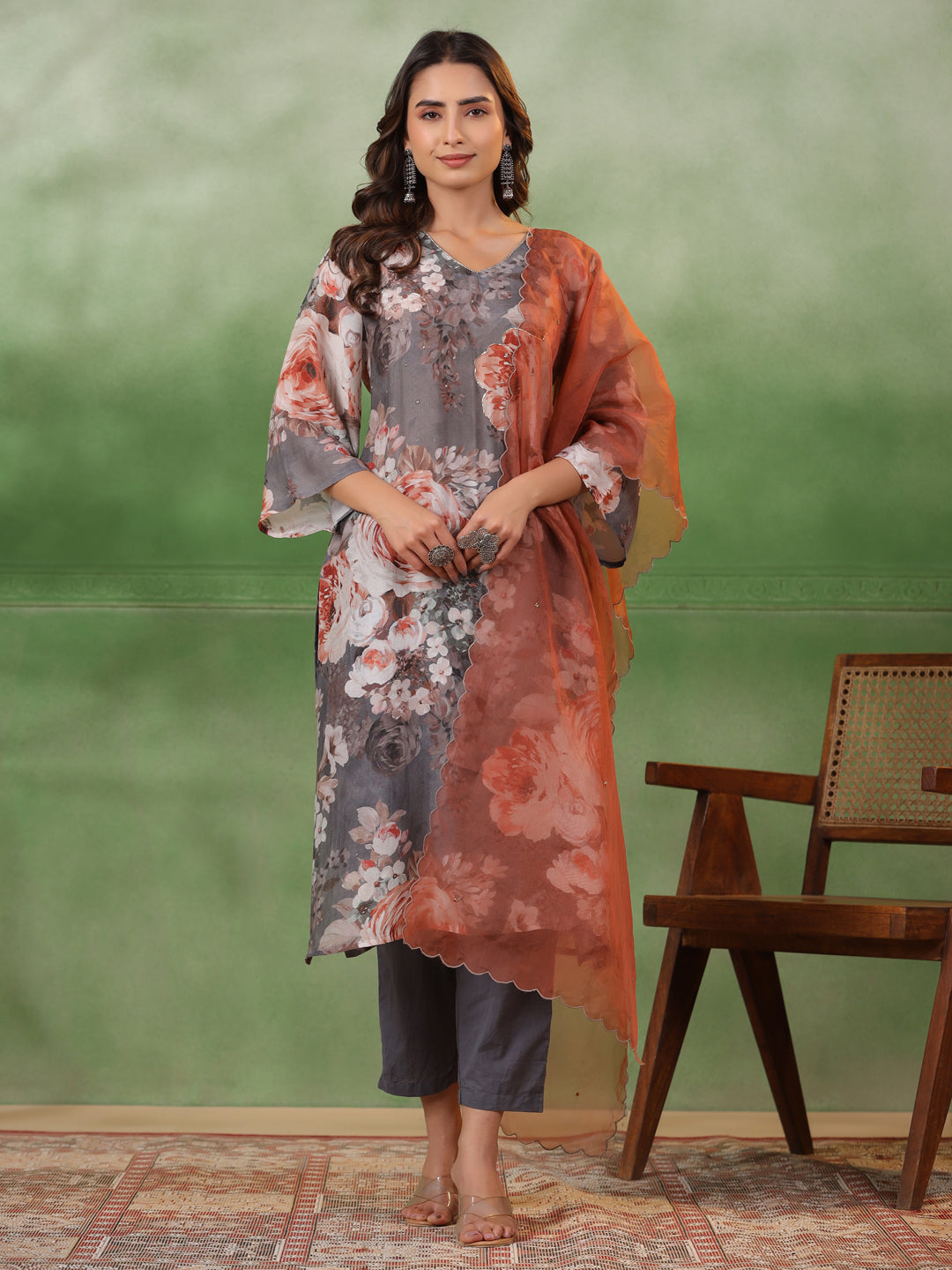 Grey Floral Print V-Neck A-Line Kurta Set For Women With Elegant Dupatta