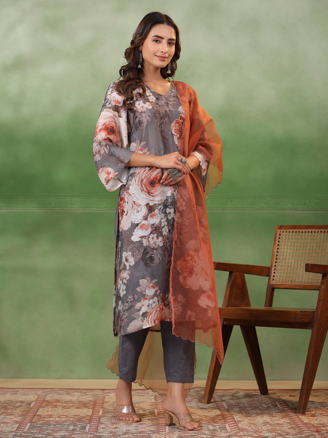 Grey Floral Print V-Neck A-Line Kurta Set For Women With Elegant Dupatta