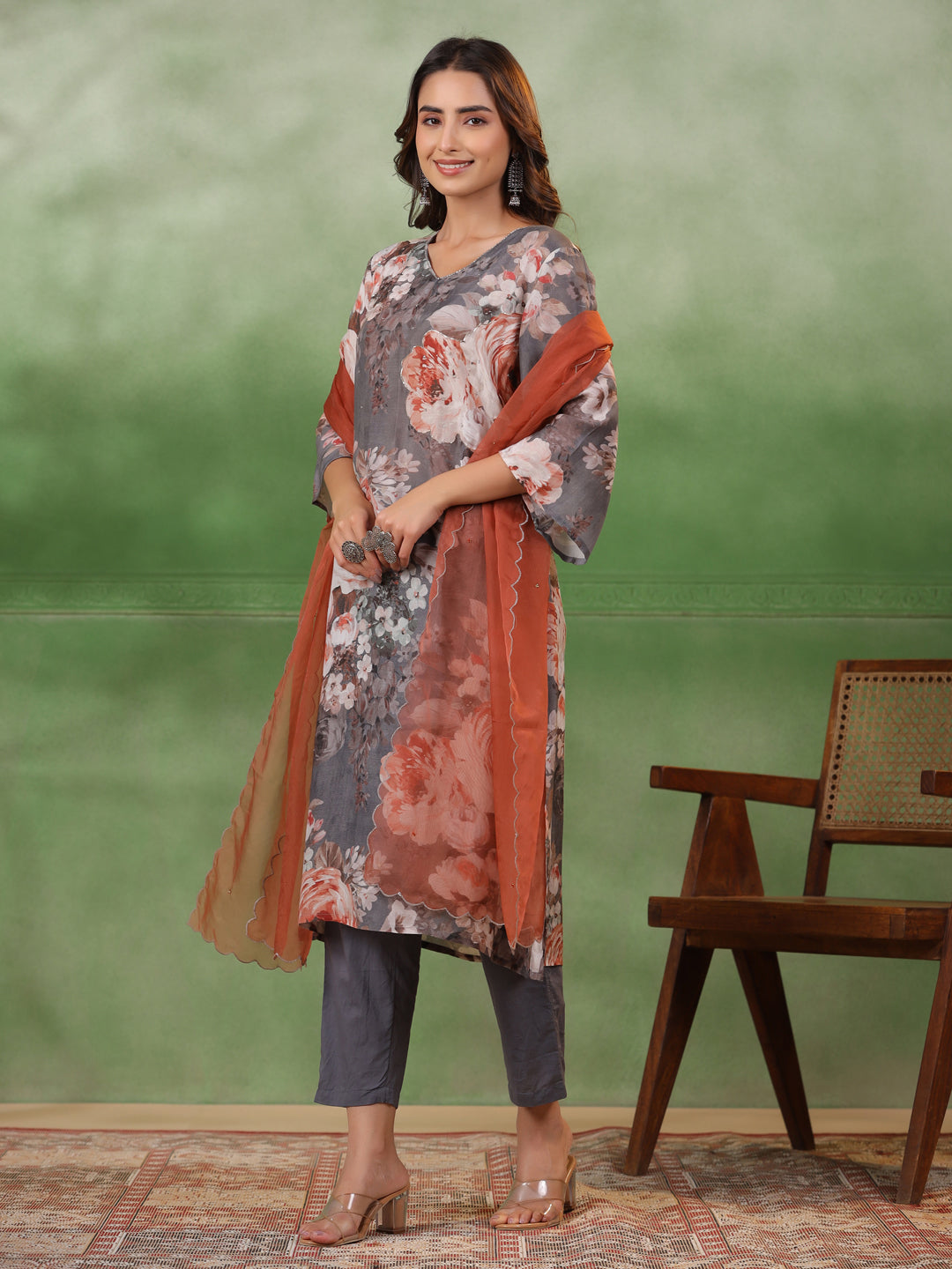 Grey Floral Print V-Neck A-Line Kurta Set For Women With Elegant Dupatta