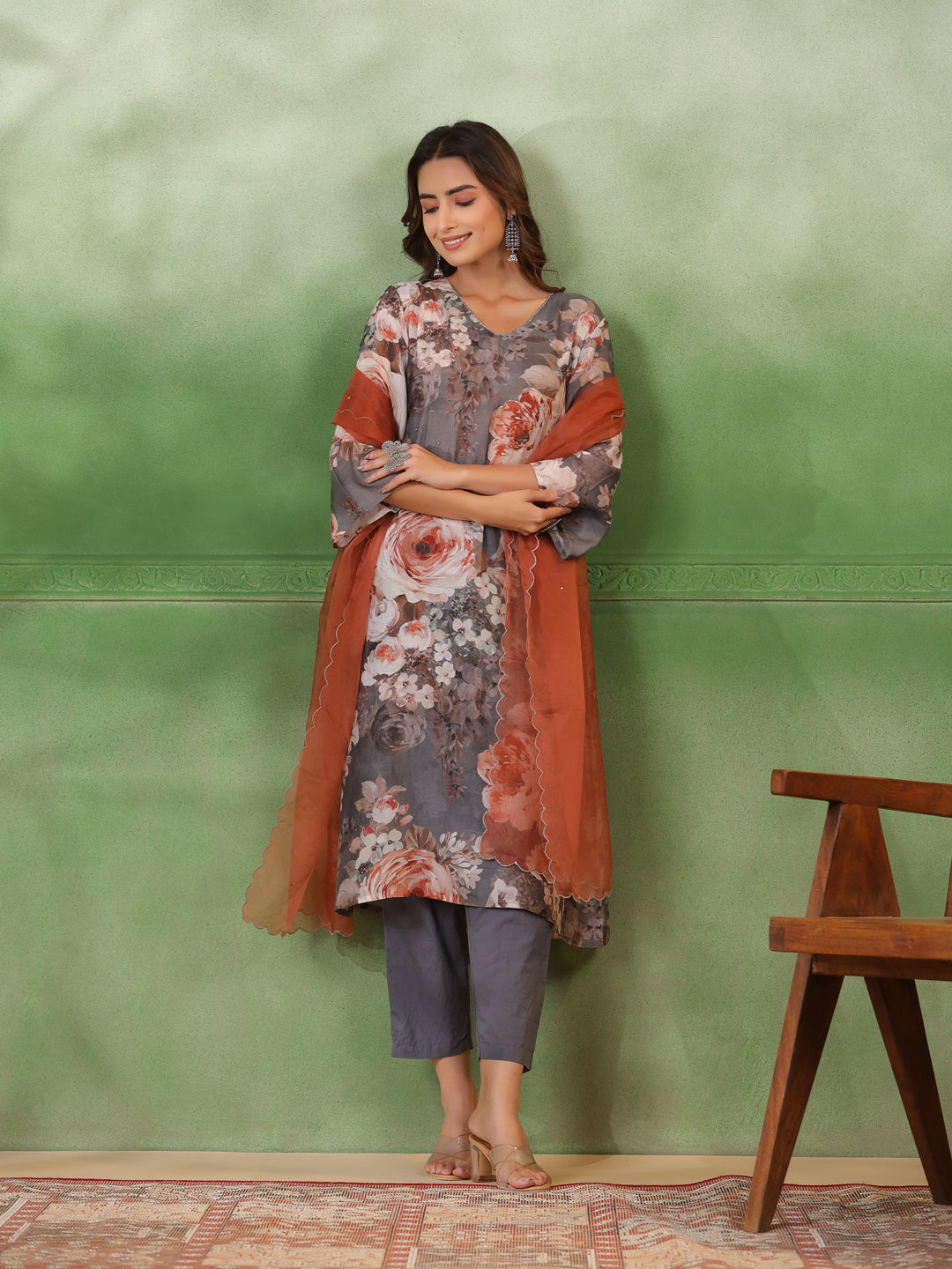 Grey Floral Print V-Neck A-Line Kurta Set For Women With Elegant Dupatta