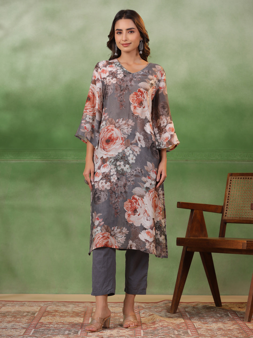 Grey Floral Print V-Neck A-Line Kurta Set For Women With Elegant Dupatta