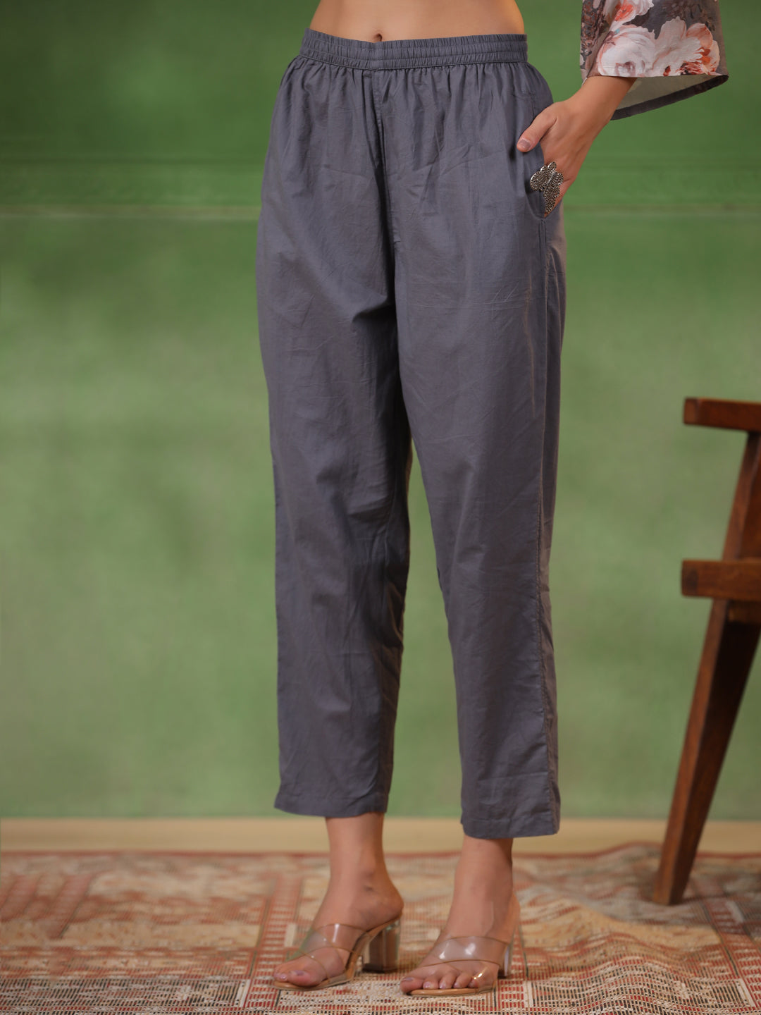 Grey Floral Print V-Neck A-Line Kurta Set For Women With Elegant Dupatta