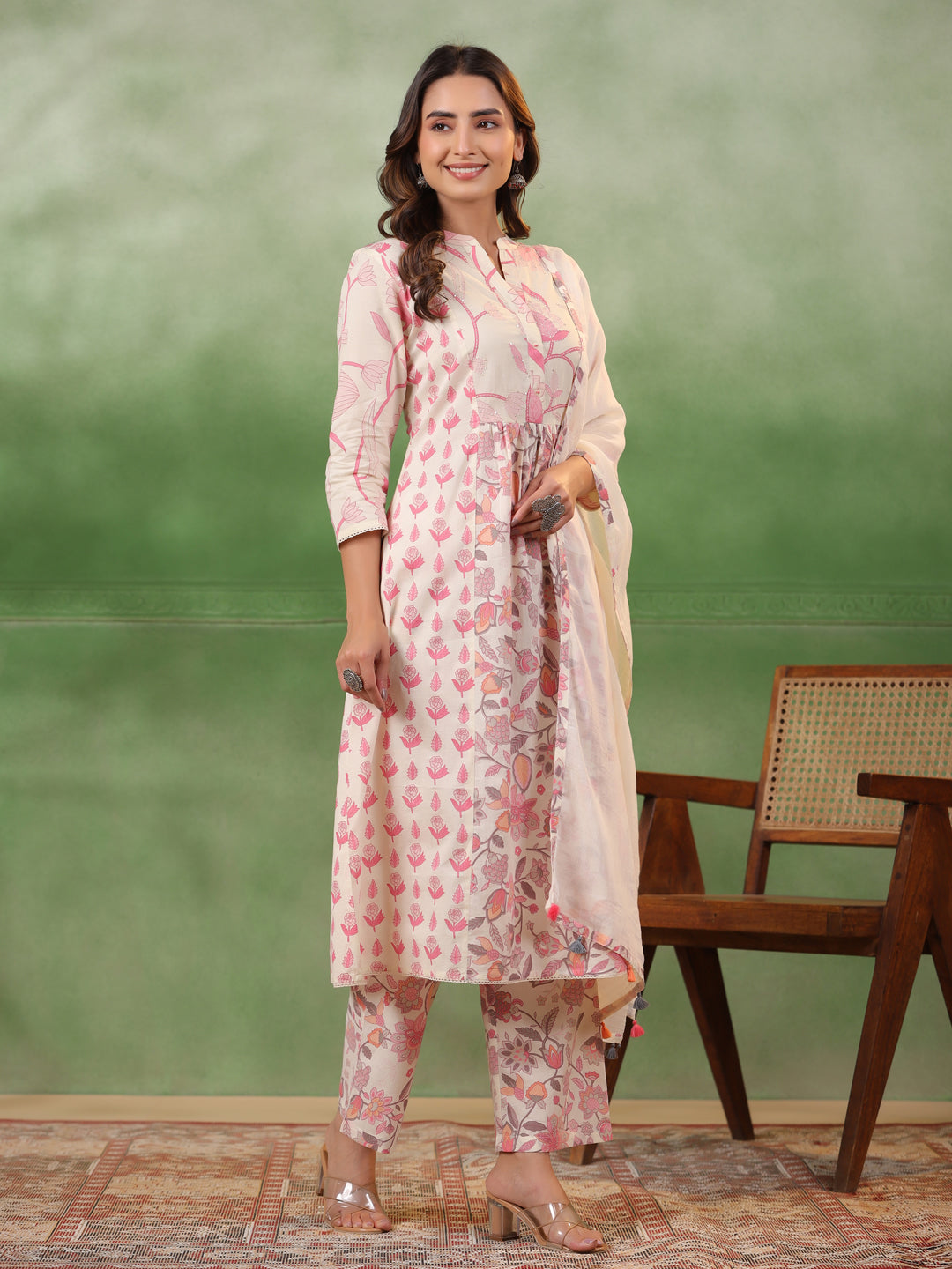 Pure Cotton Pleated A-Line Kurta With Trousers & Dupatta