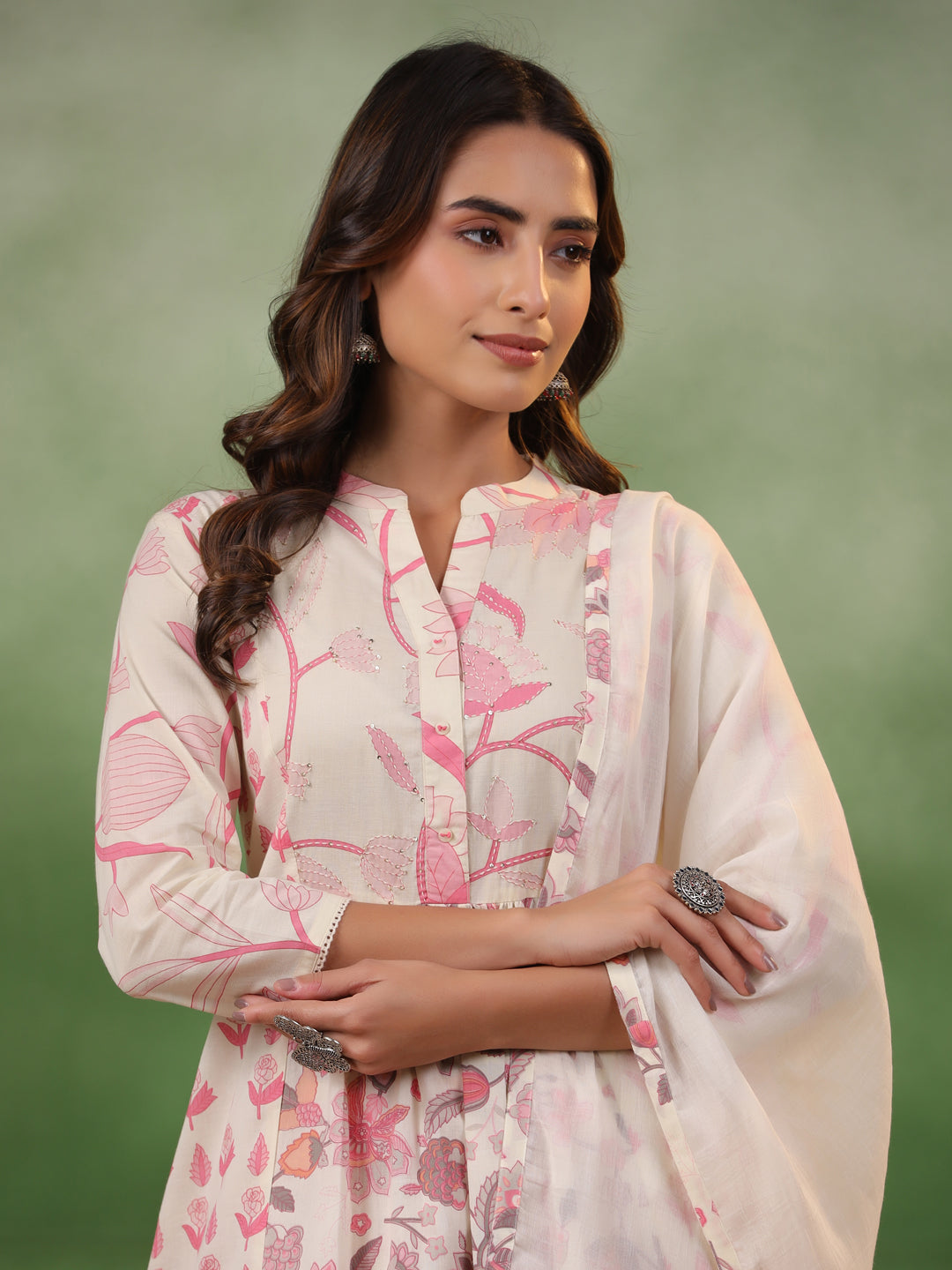 Pure Cotton Pleated A-Line Kurta With Trousers & Dupatta