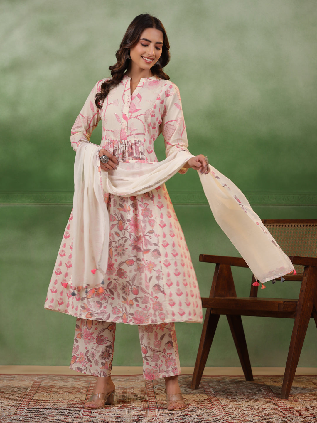 Pure Cotton Pleated A-Line Kurta With Trousers & Dupatta