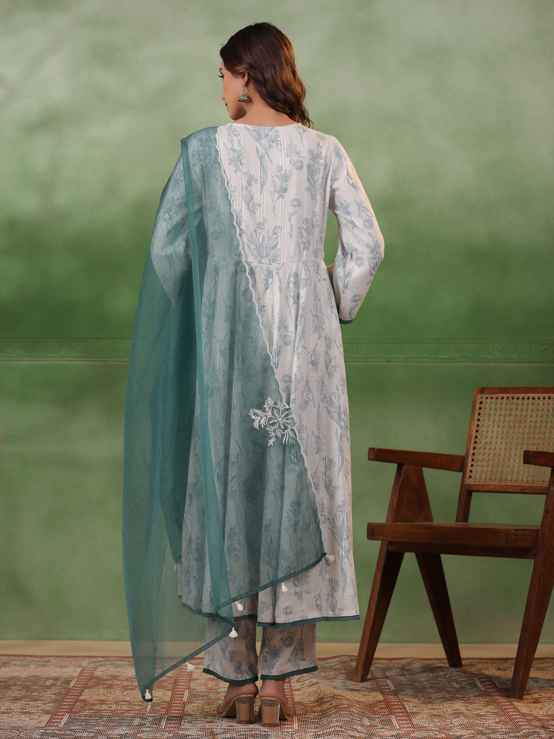 White Floral Printed V-Neck Cotton Kurta Set