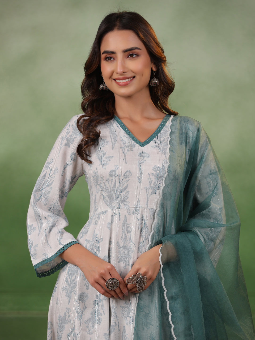 White Floral Printed V-Neck Cotton Kurta Set