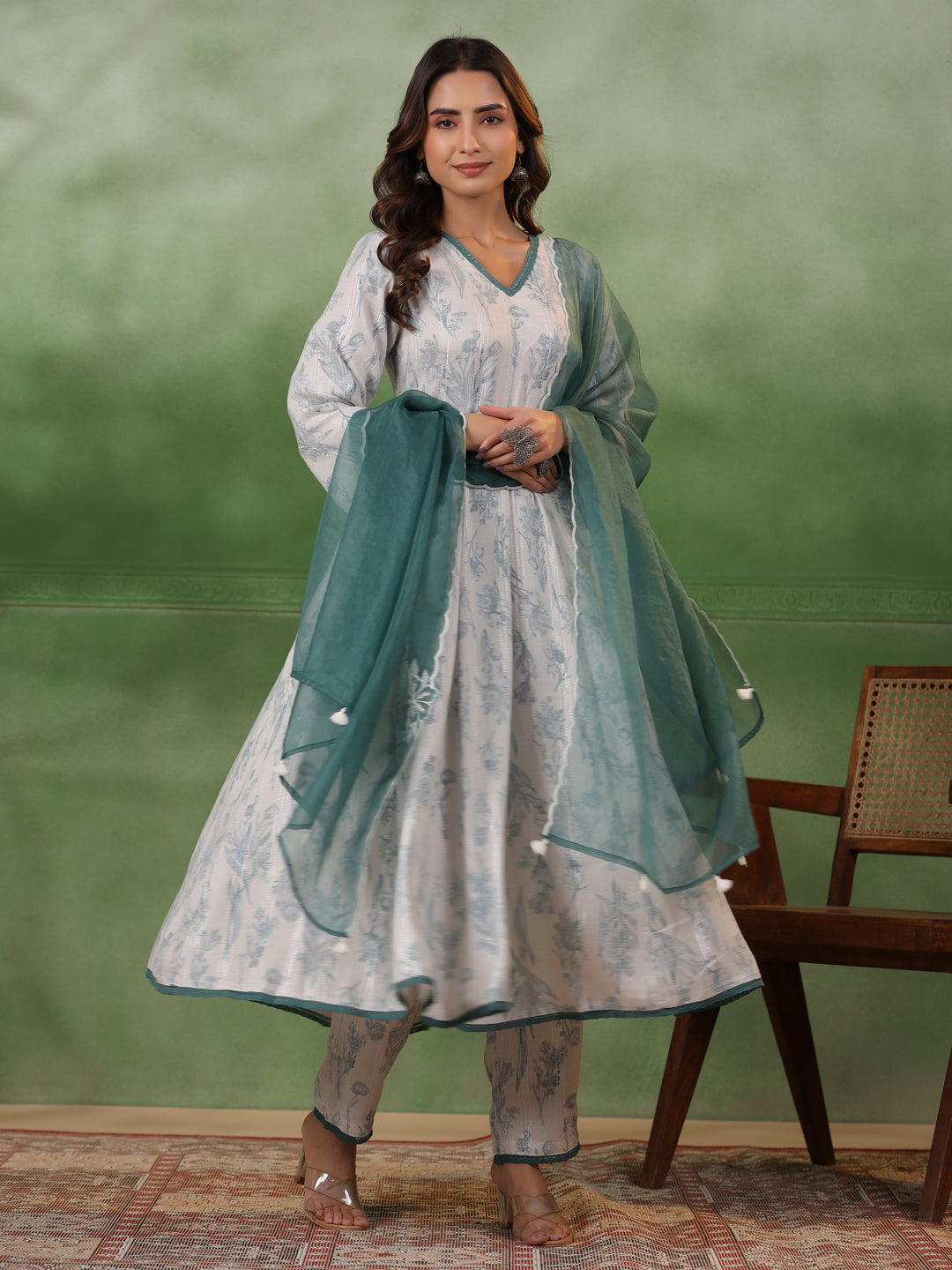 White Floral Printed V-Neck Cotton Kurta Set