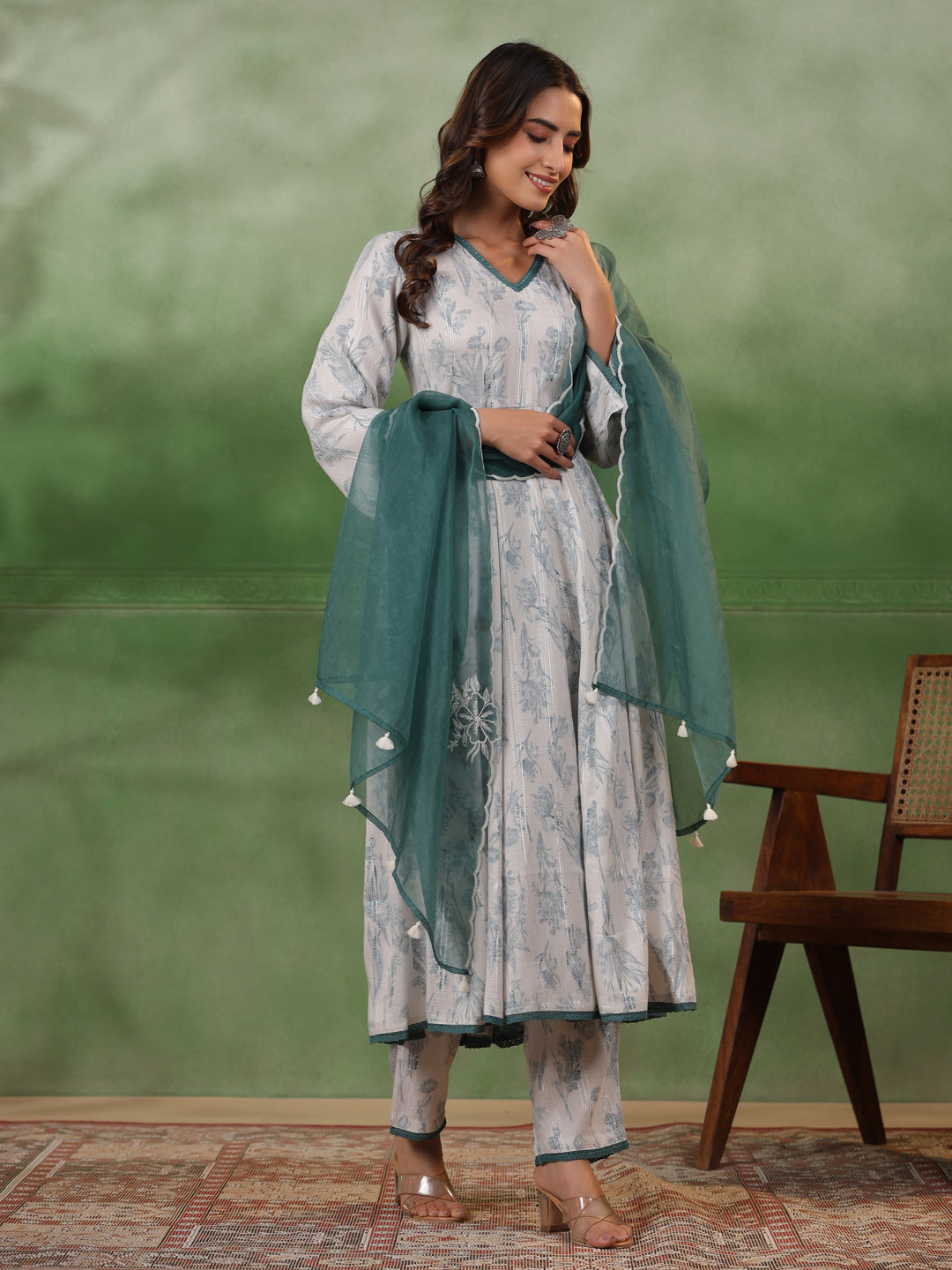 White Floral Printed V-Neck Cotton Kurta Set