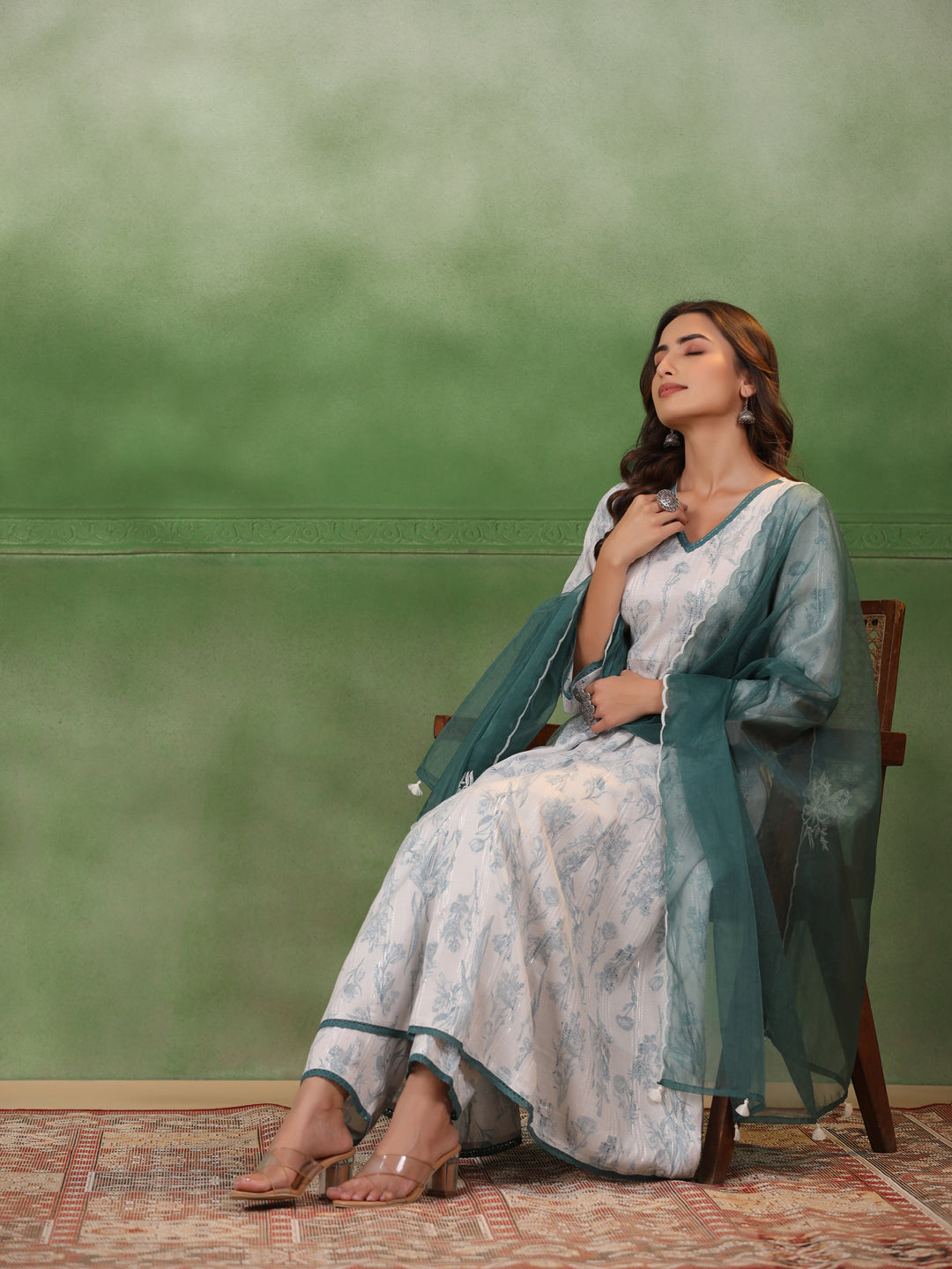 White Floral Printed V-Neck Cotton Kurta Set