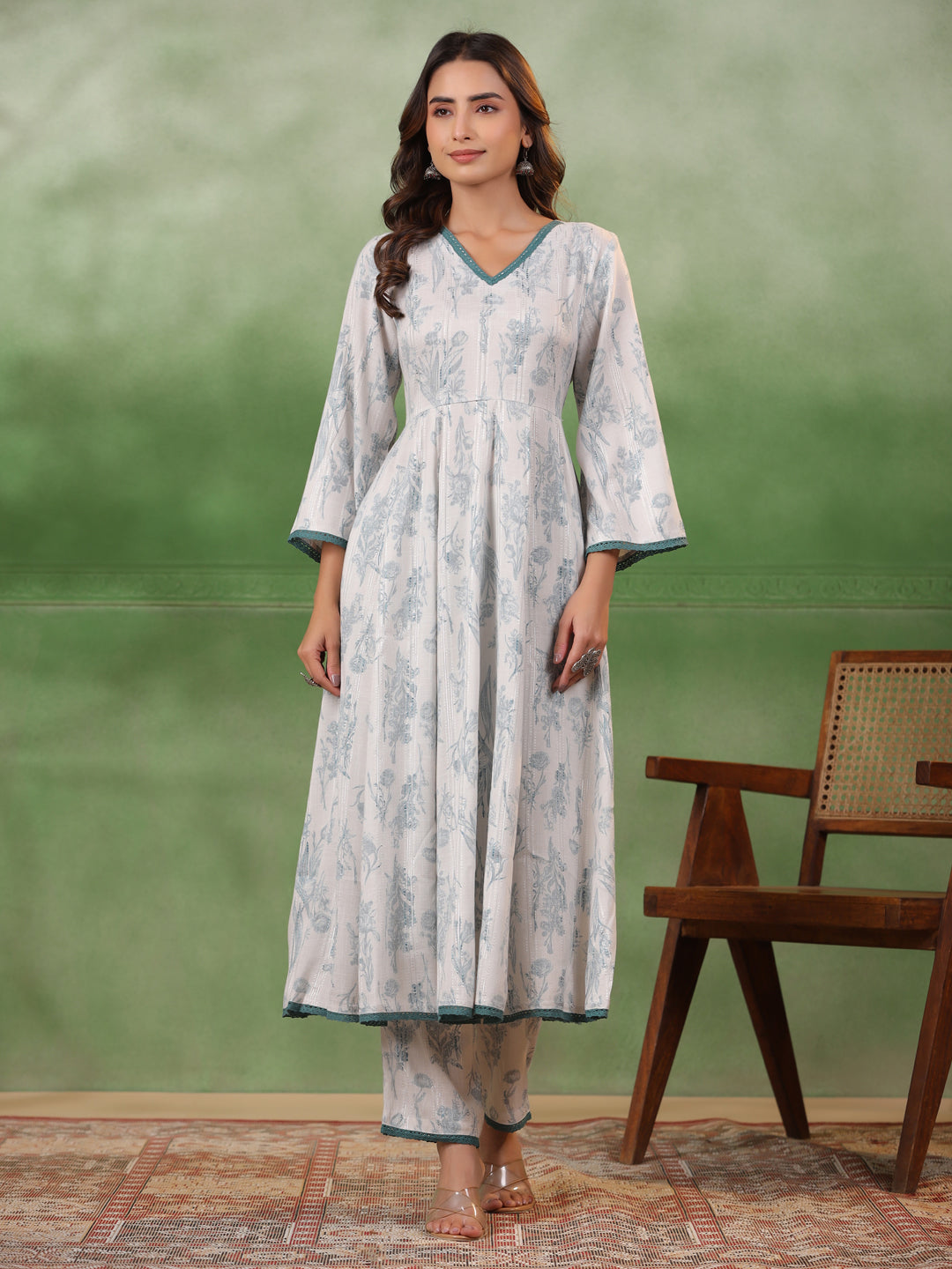 White Floral Printed V-Neck Cotton Kurta Set