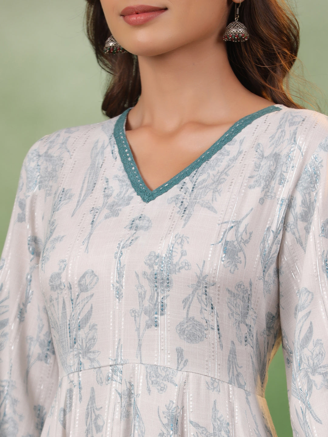 White Floral Printed V-Neck Cotton Kurta Set