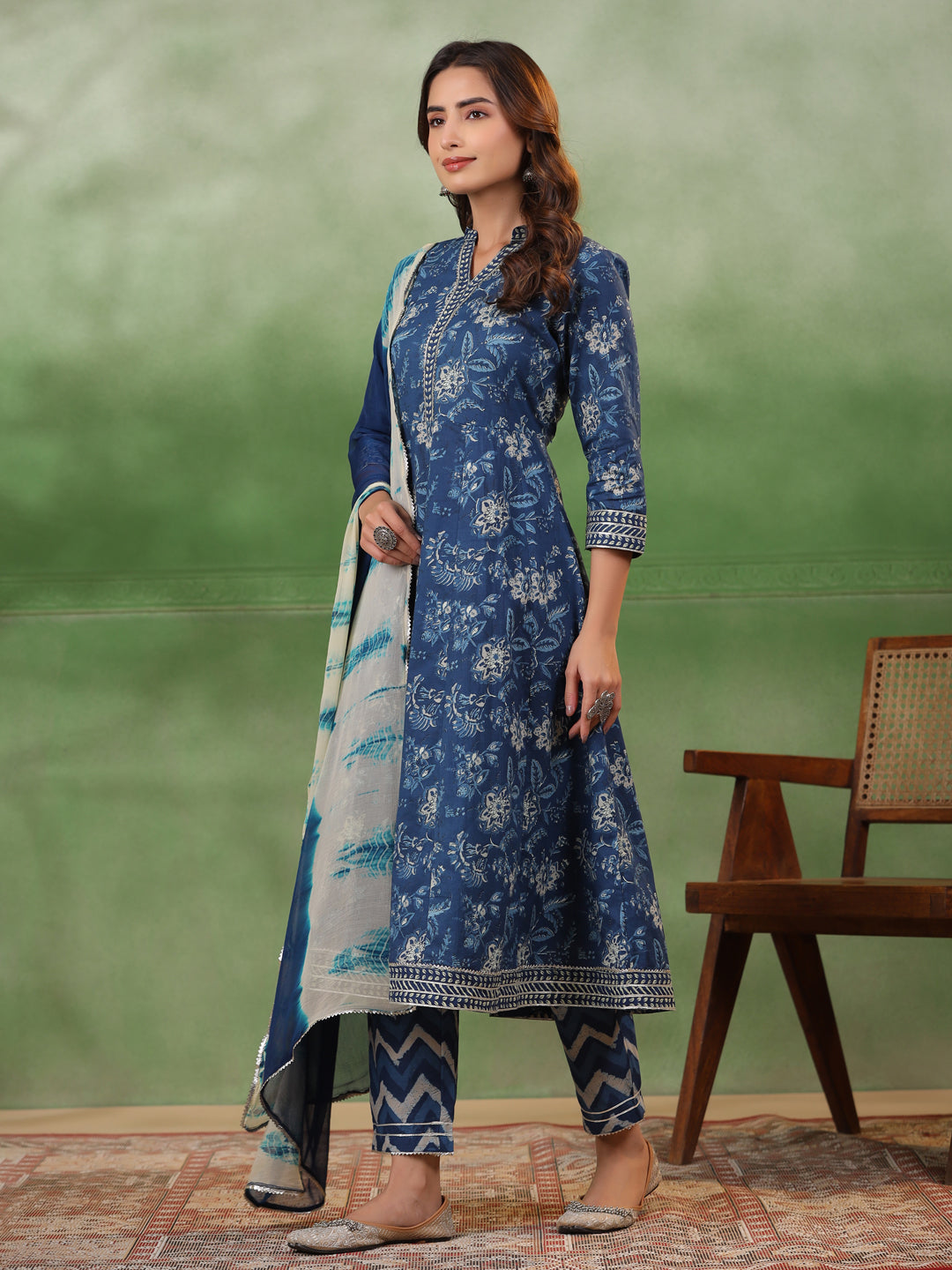 Blue Flower Printed Cotton kurta Suit Set - SanskrutiHomes