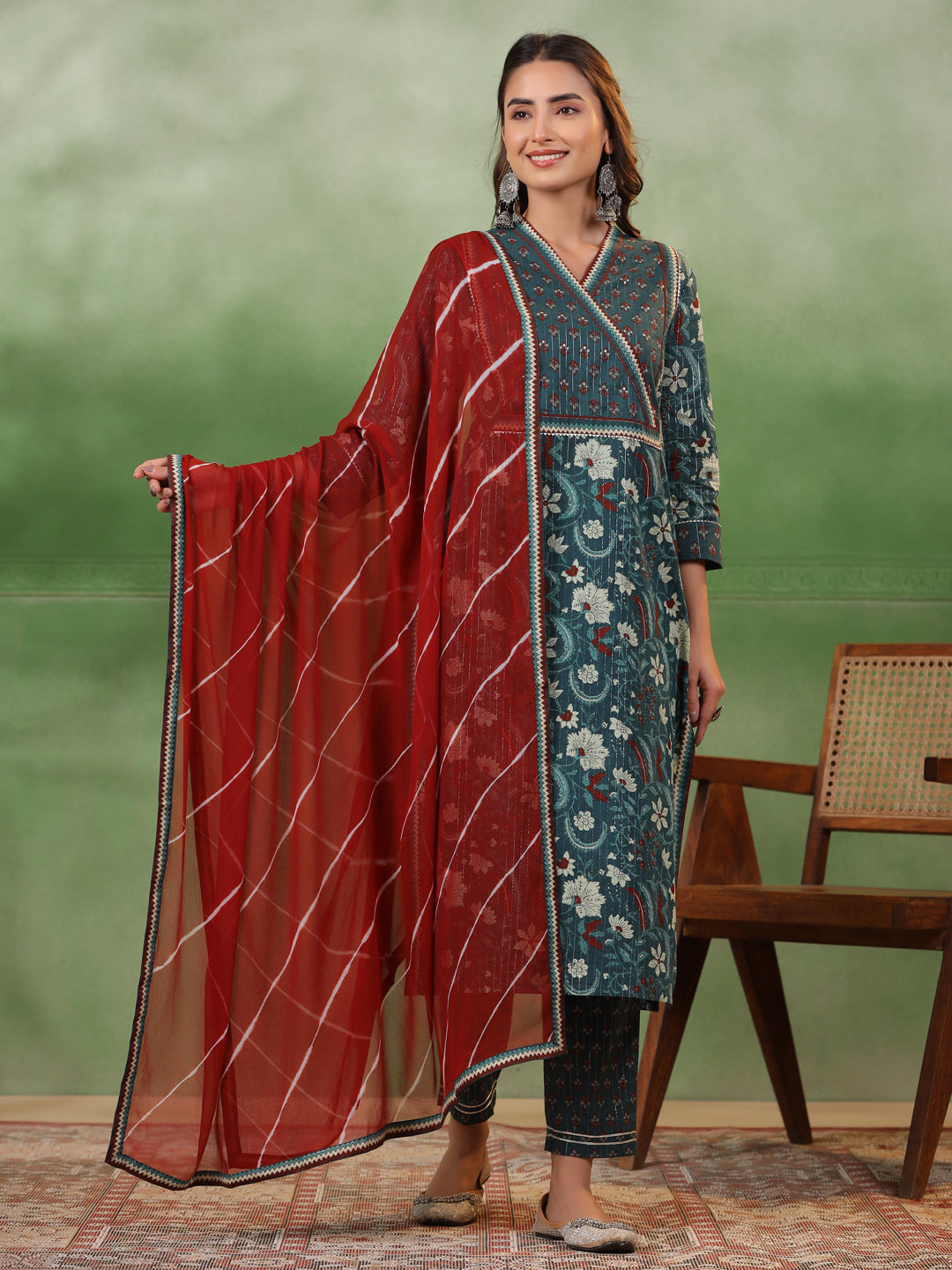 Sea Green Cotton Floral Printed V-Neck Kurta Set