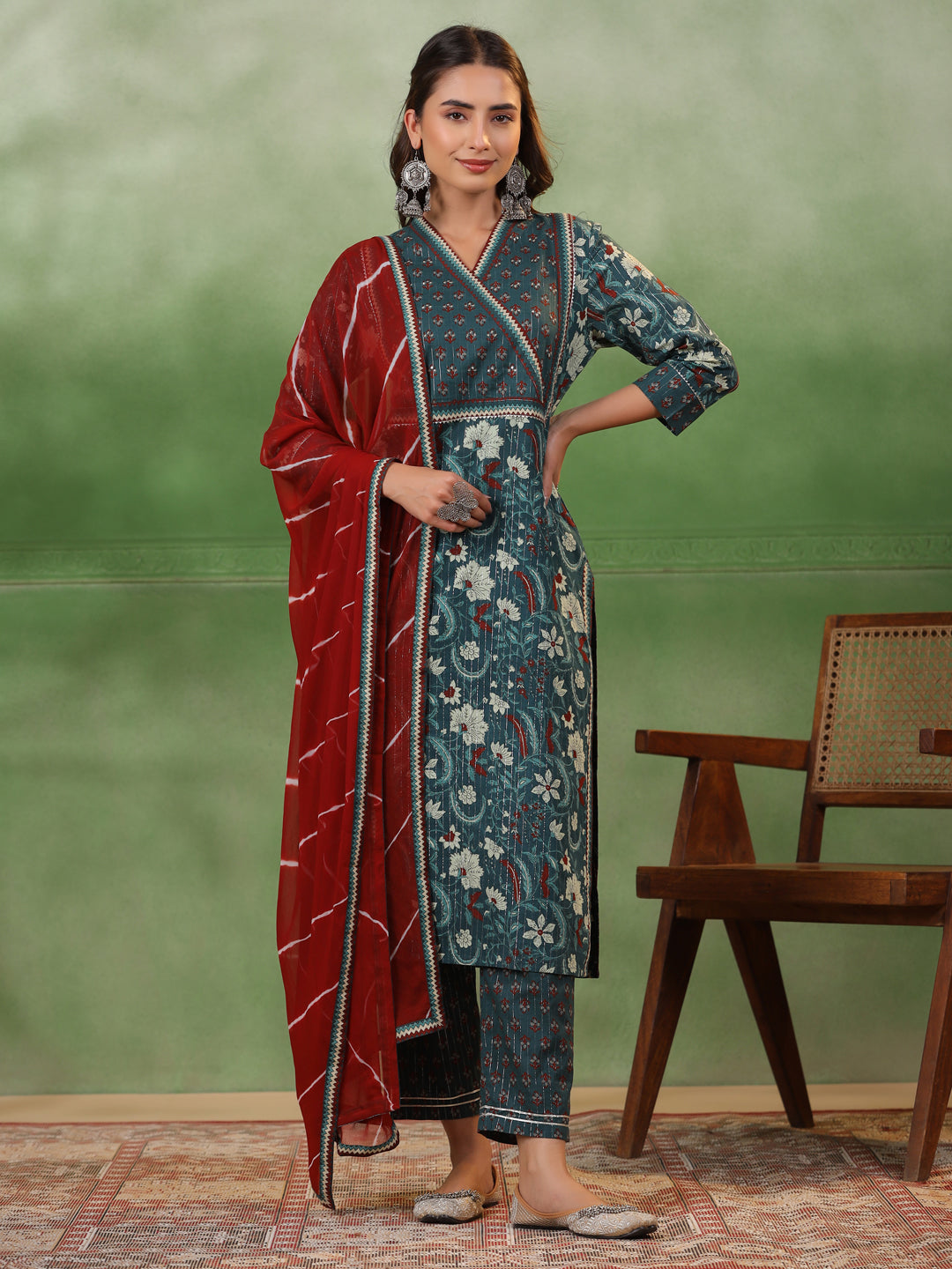 Sea Green Cotton Floral Printed V-Neck Kurta Set