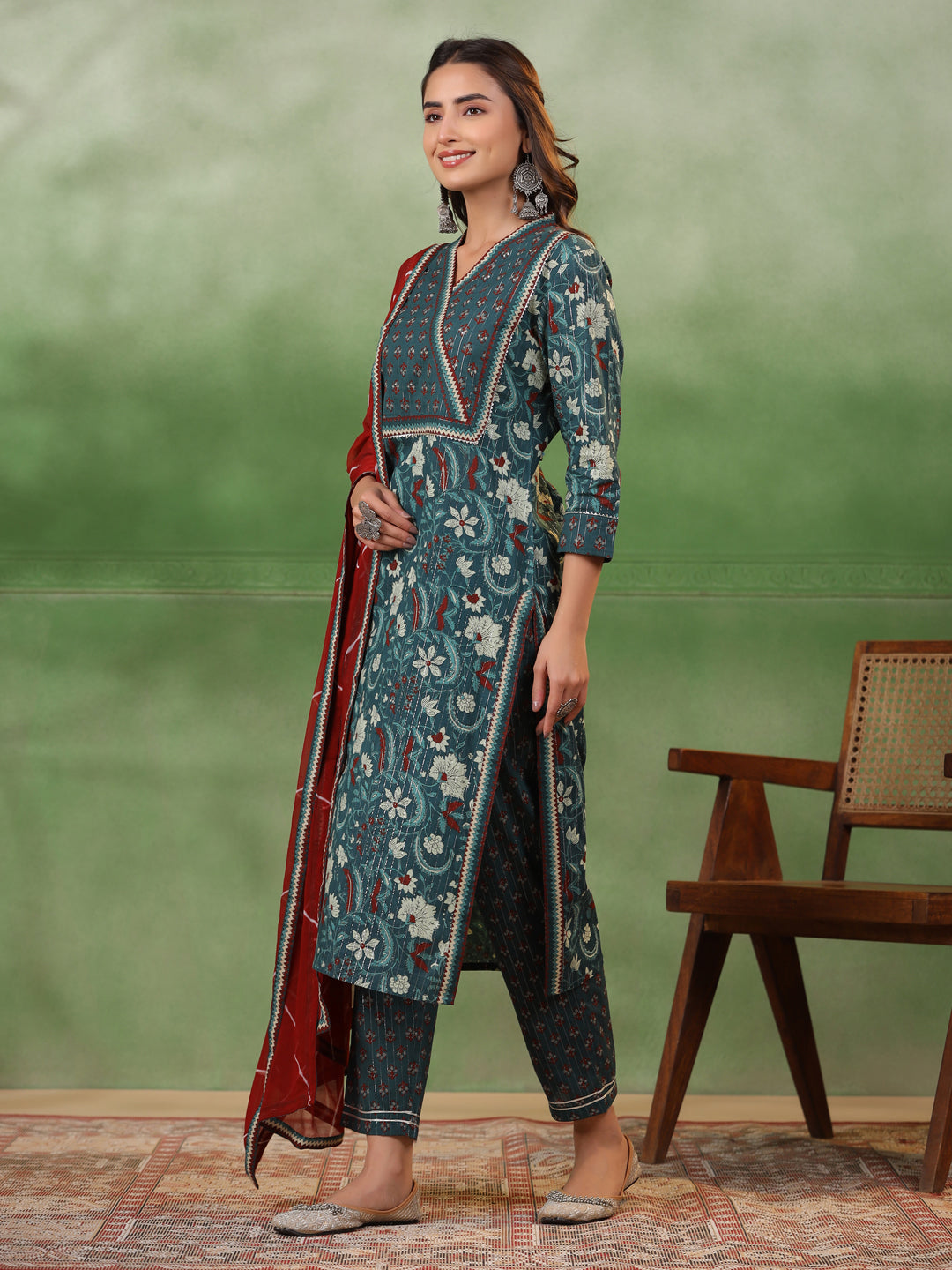 Sea Green Cotton Floral Printed V-Neck Kurta Set