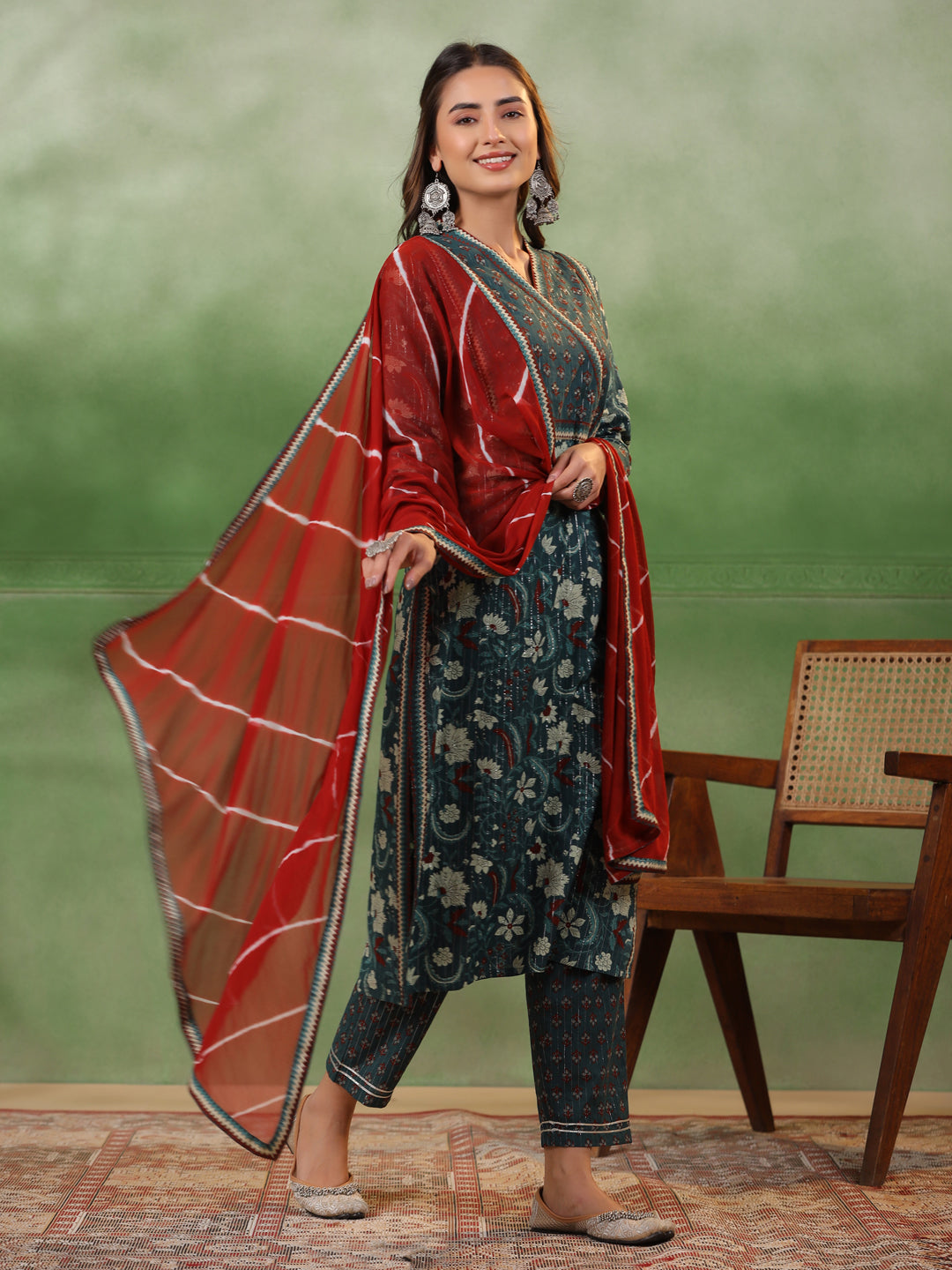 Sea Green Cotton Floral Printed V-Neck Kurta Set