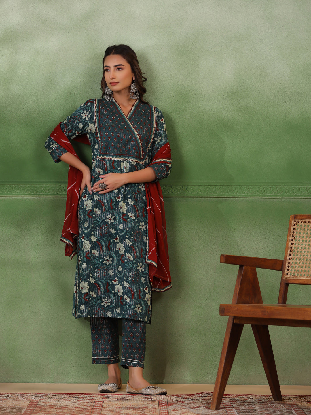 Sea Green Cotton Floral Printed V-Neck Kurta Set