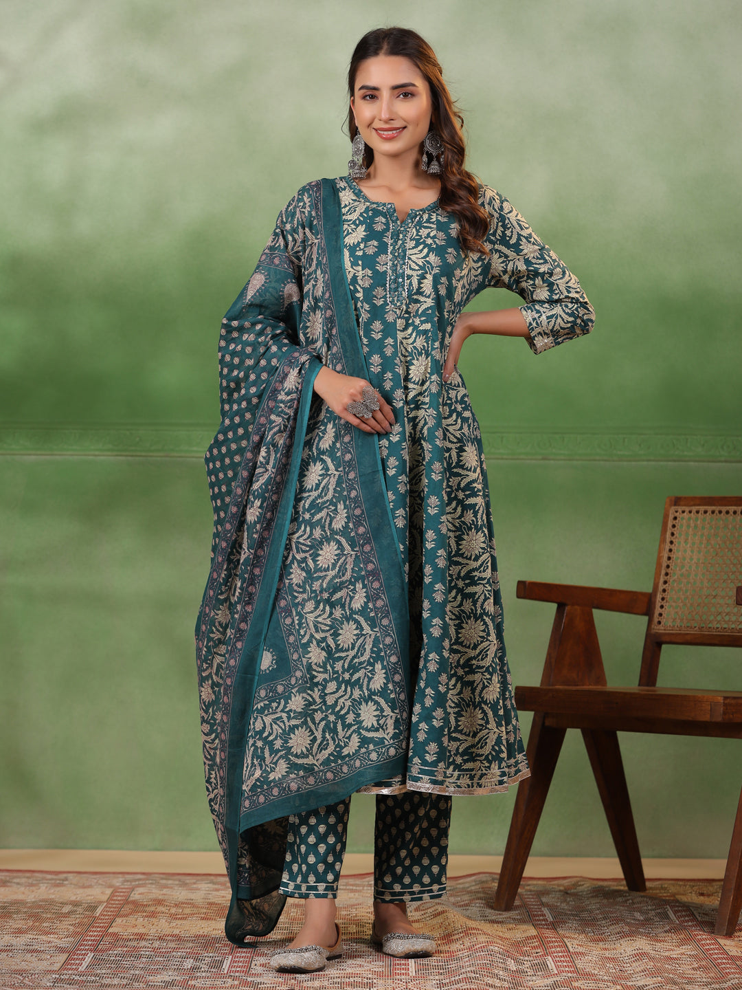 Women set of Pure Cotton 3 pcs Teal Colour Flared Printed Kurta Sets - SanskrutiHomes