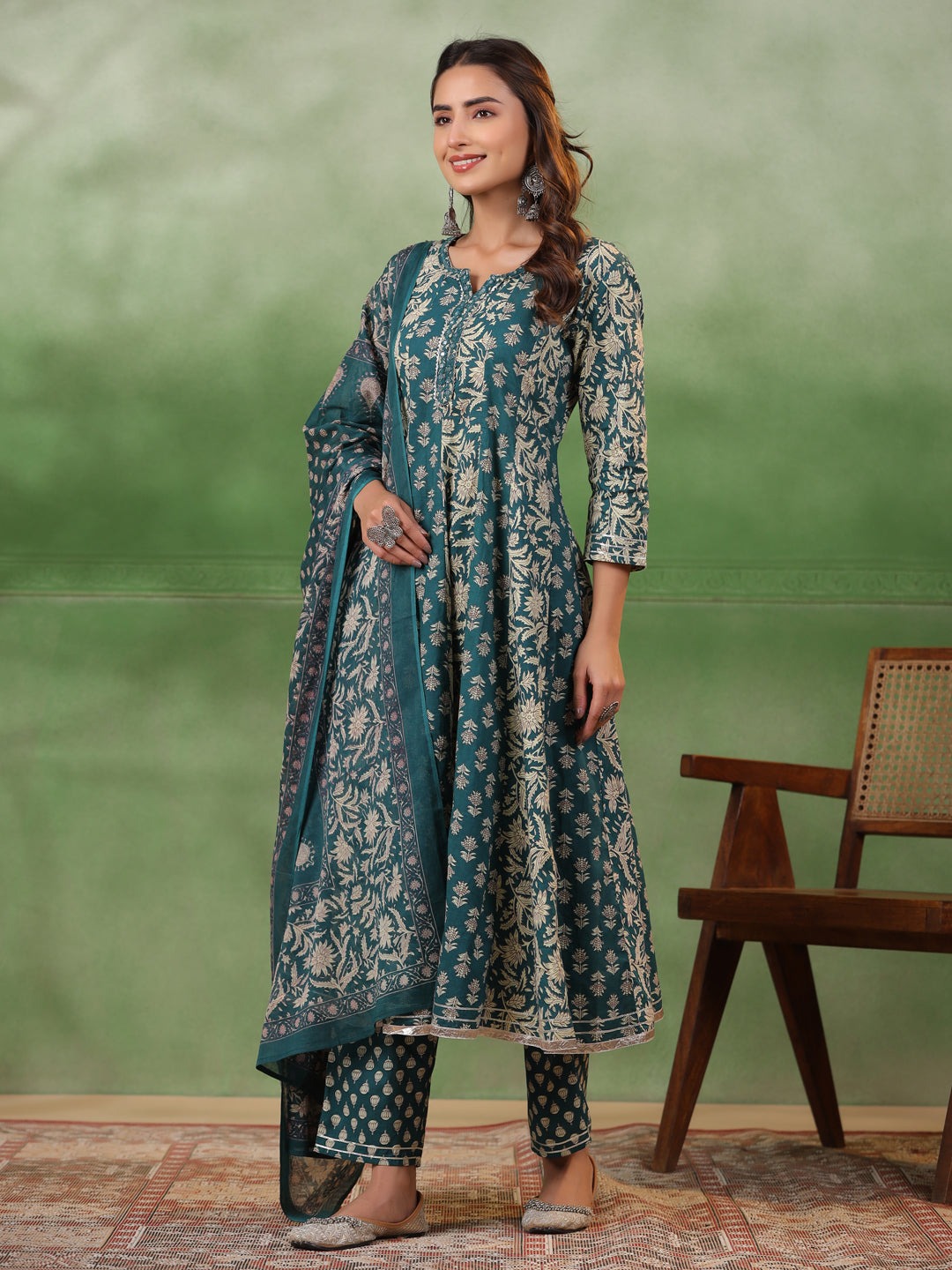 Women set of Pure Cotton 3 pcs Teal Colour Flared Printed Kurta Sets - SanskrutiHomes