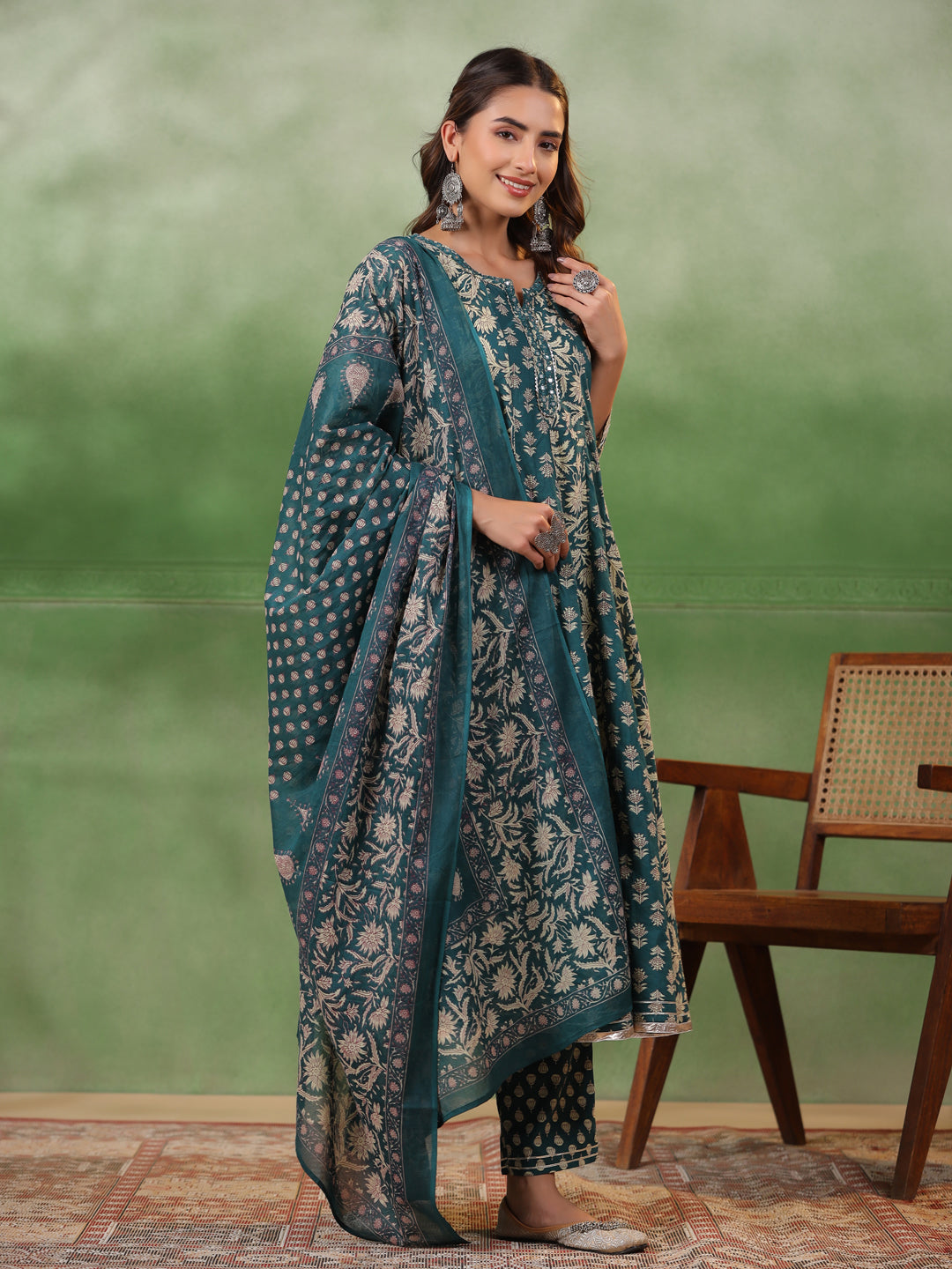 Women set of Pure Cotton 3 pcs Teal Colour Flared Printed Kurta Sets - SanskrutiHomes