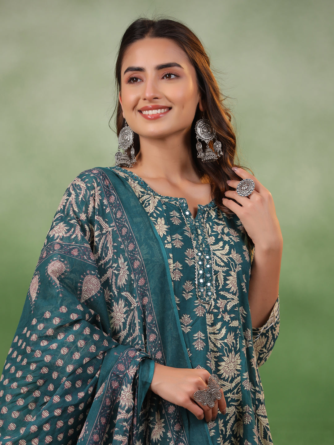 Women set of Pure Cotton 3 pcs Teal Colour Flared Printed Kurta Sets - SanskrutiHomes