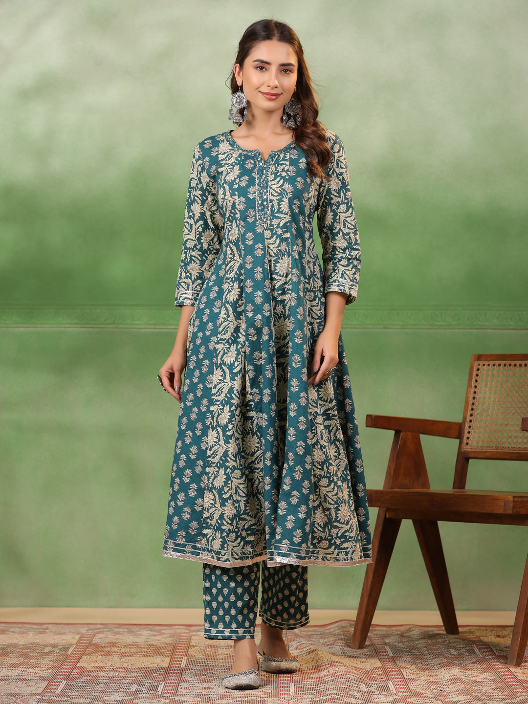 Women set of Pure Cotton 3 pcs Teal Colour Flared Printed Kurta Sets - SanskrutiHomes
