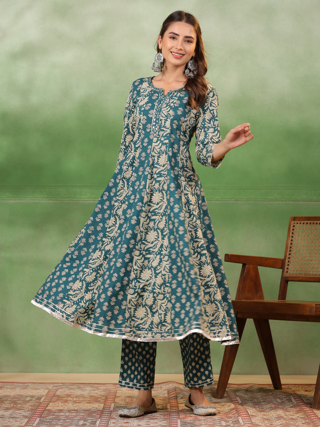 Women set of Pure Cotton 3 pcs Teal Colour Flared Printed Kurta Sets - SanskrutiHomes