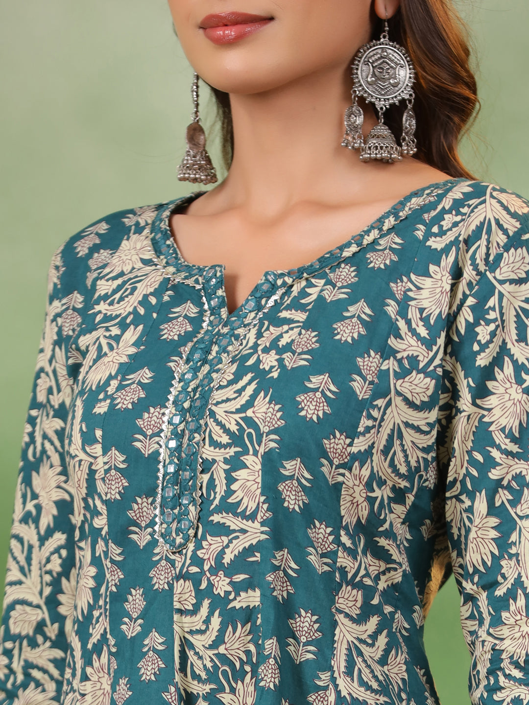 Women set of Pure Cotton 3 pcs Teal Colour Flared Printed Kurta Sets - SanskrutiHomes